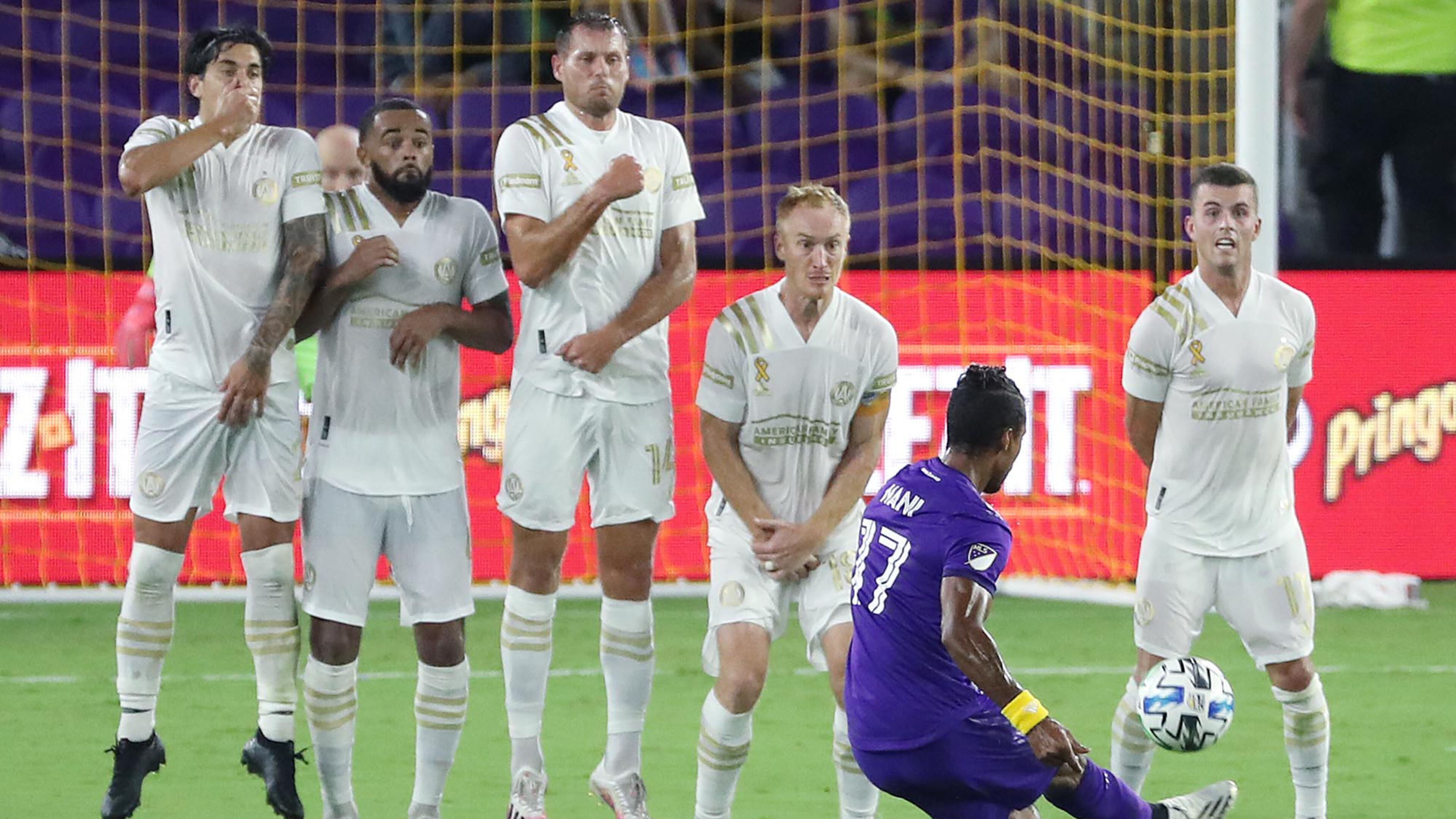 Orlando City's Nani takes a free kick against Atlanta United at Exploria Stadium in Orlando, Florida, on Saturday, Sept. 5, 2020. The game ended in a 1-1 draw. (Stephen M. Dowell/Orlando Sentinel/TNS)
