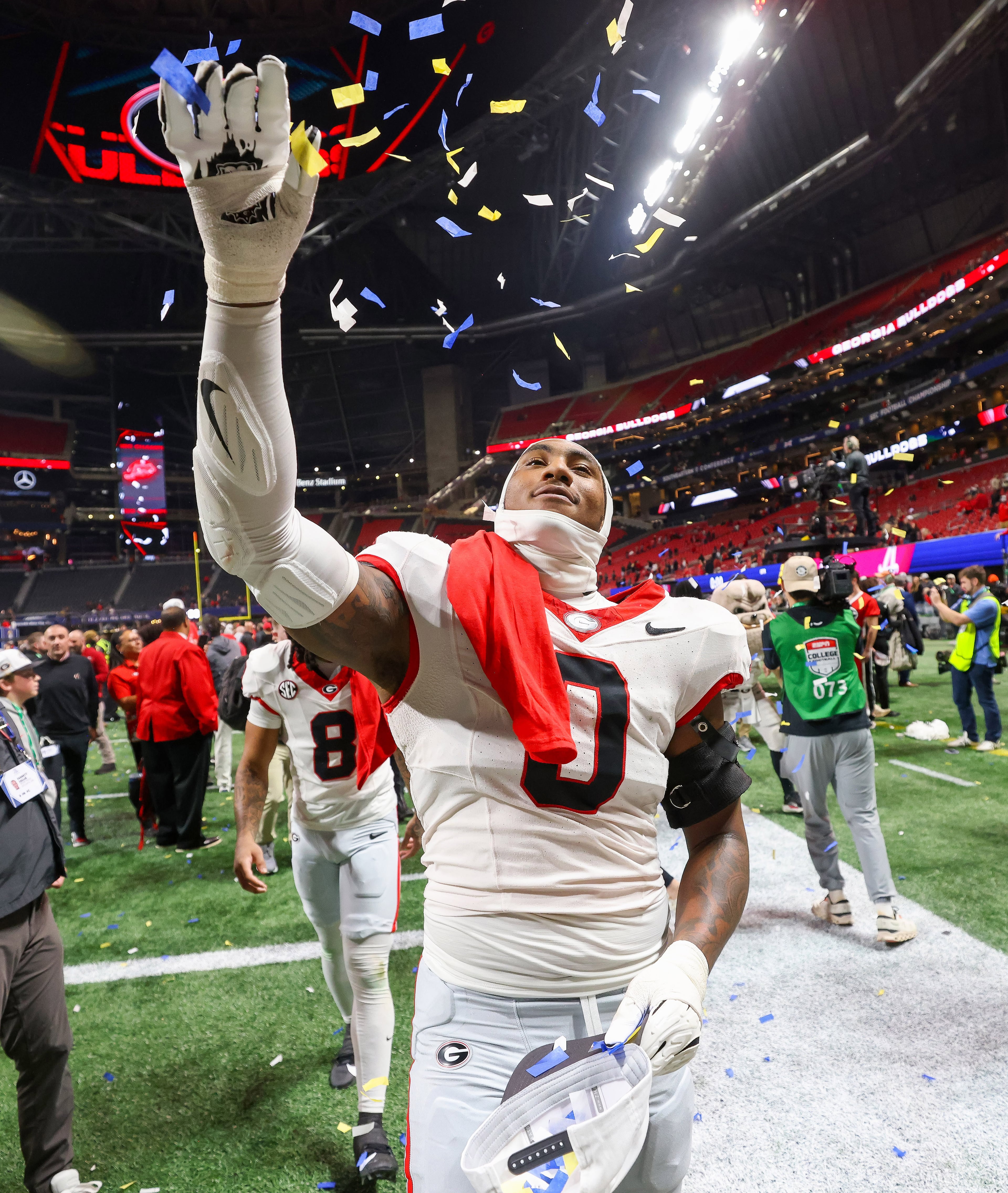 Georgia defensive lineman Gabe Harris Jr. celebrates a 28-7 victory over Alabama in the SEC Championship game at Mercedes-Benz Stadium, Saturday, Dec. 6, 2025, in Atlanta. (Jason Getz / AJC)