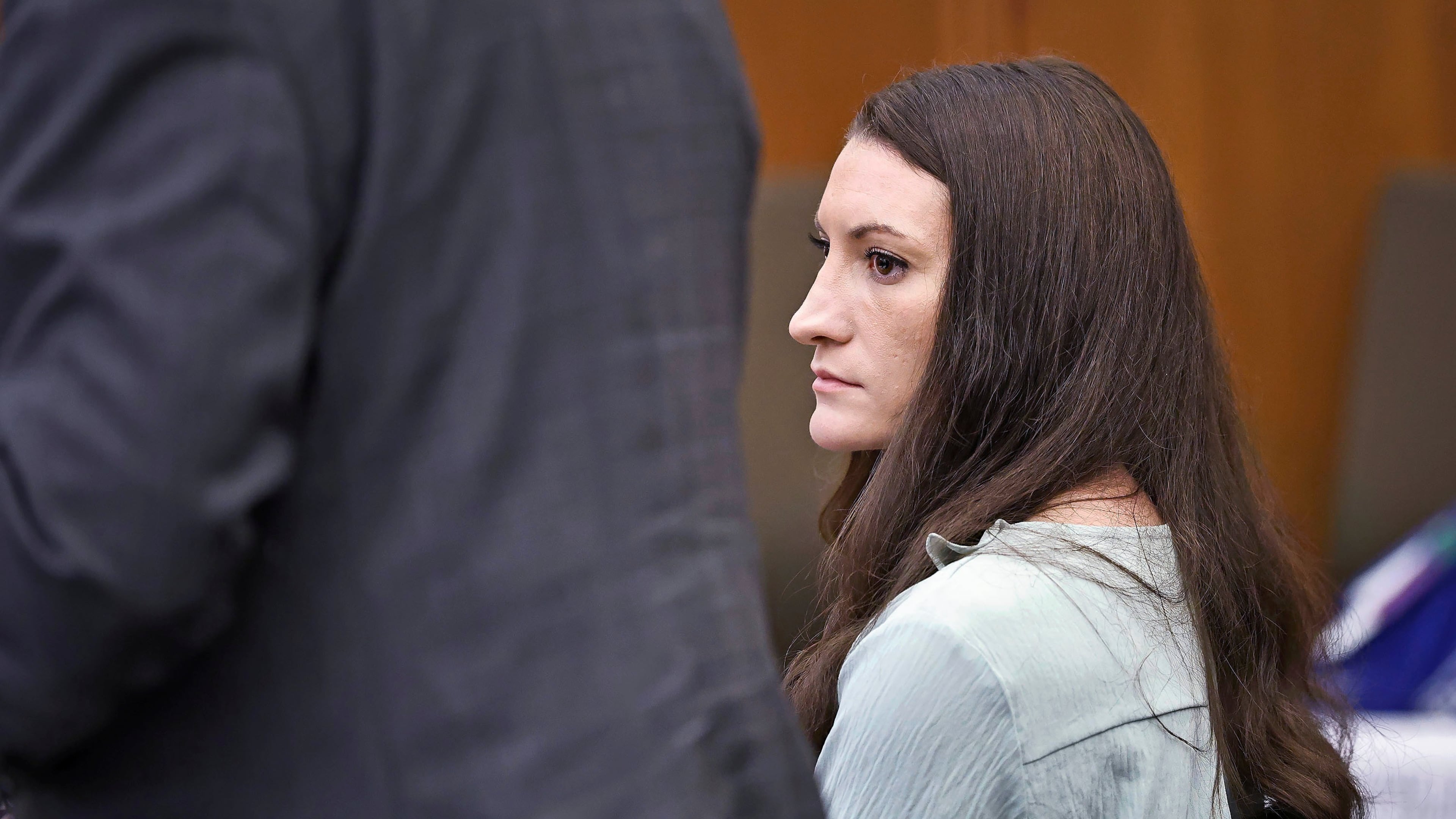 Lindsay Clancy watches the jury enter the room during her murder trial at Plymouth Superior Court in Plymouth, Mass., Monday, Aug. 17 2026. (Greg Der/The Patriot Ledger via AP, Pool)