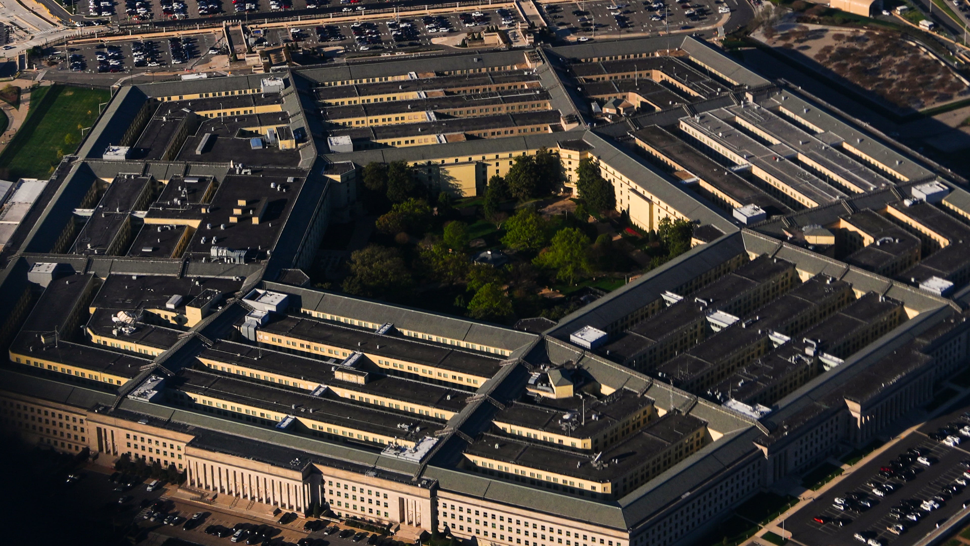 The Pentagon is seen from an airplane, Tuesday, April 7, 2026, in Washington. (AP Photo/Julia Demaree Nikhinson)