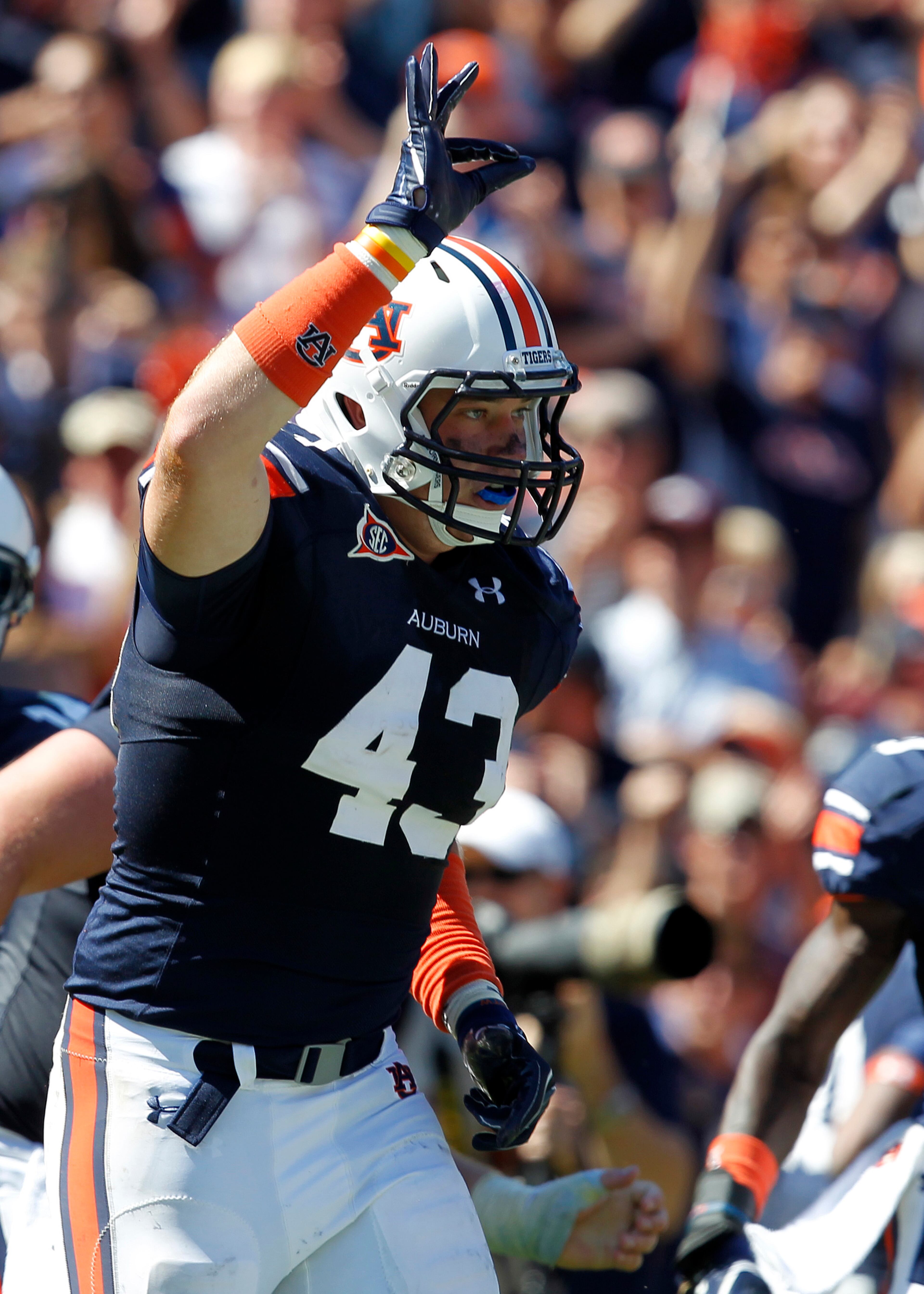 Tight end Philip Lutzenkirchen #43 of the Auburn Tigers celebrates after catching a pass for a touchdown against the Mississippi State Bulldogs in the third quarter on September 10, 2011 at Jordan-Hare Stadium in Auburn, Alabama. (Photo by Butch Dill/Getty Images)