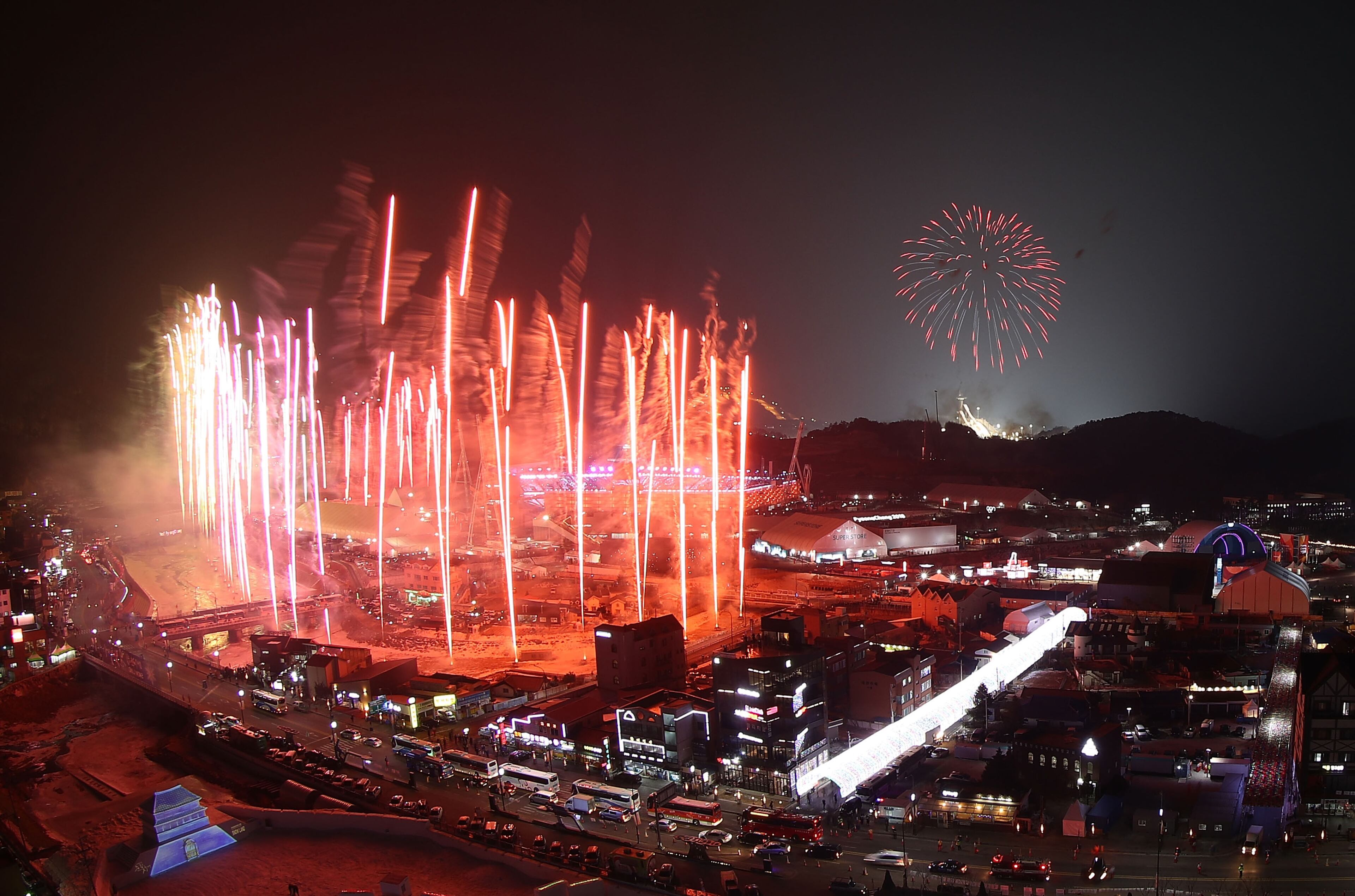 PYEONGCHANG-GUN, SOUTH KOREA - FEBRUARY 09: Fireworks are seen during the Opening Ceremony of the PyeongChang 2018 Winter Olympic Games at PyeongChang Olympic Stadium on February 9, 2018 in Pyeongchang-gun, South Korea. (Photo by Robert Cianflone/Getty Images)