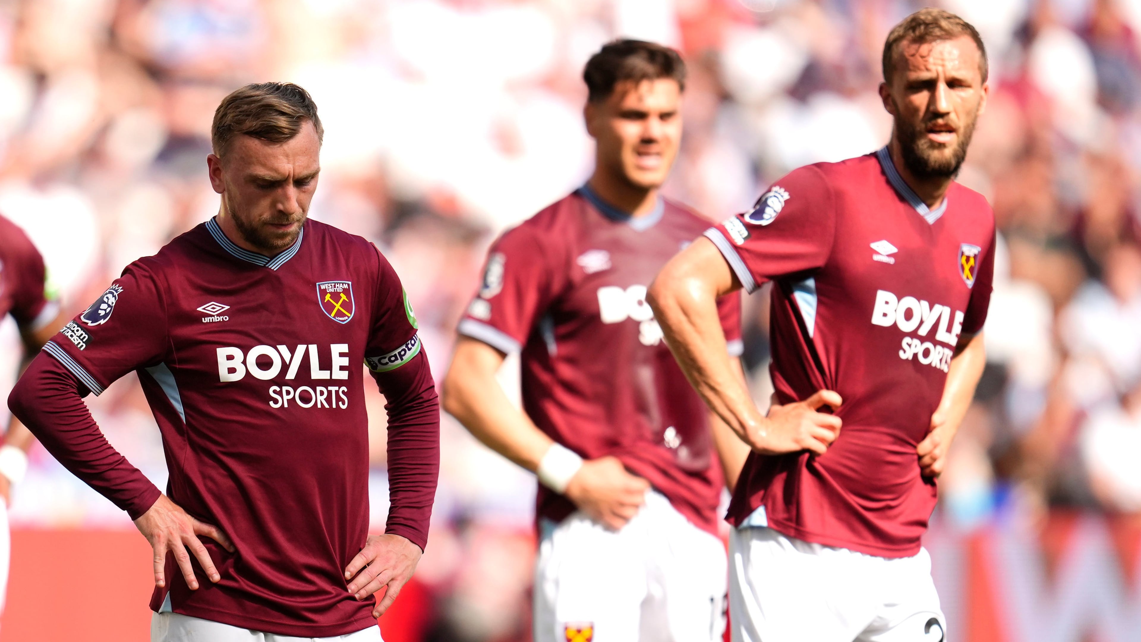 West Ham United's Jarrod Bowen, left, looks down towards the ground during the Premier League match between West Ham and Leeds United, in London, Sunday May 24, 2026. (Nick Potts/PA via AP)