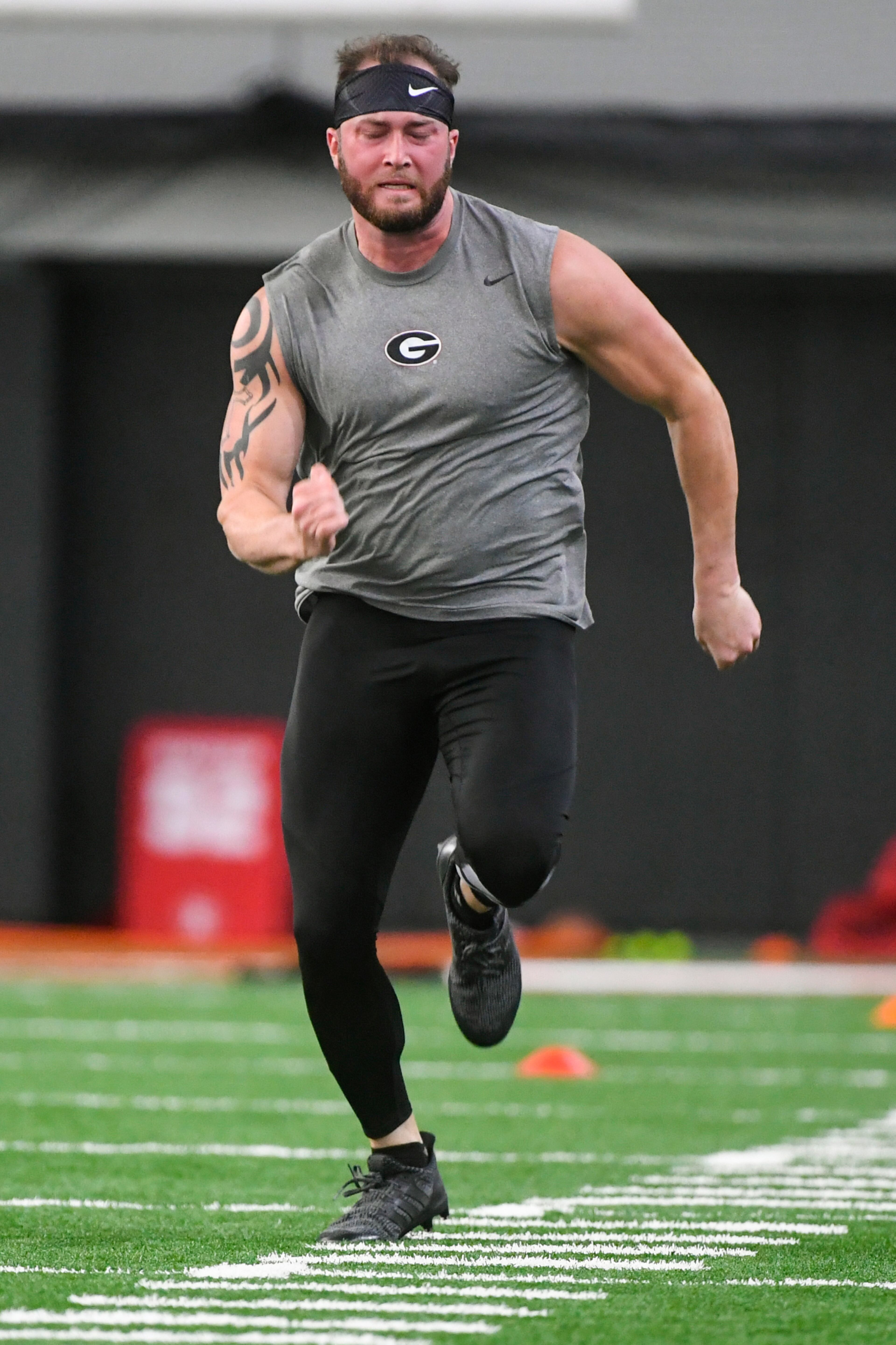 Georgia tight end Isaac Nauta runs a football drill during Georgia Pro Day, Wednesday, March 20, 2019, in Athens, Ga. (AP Photo/John Amis)