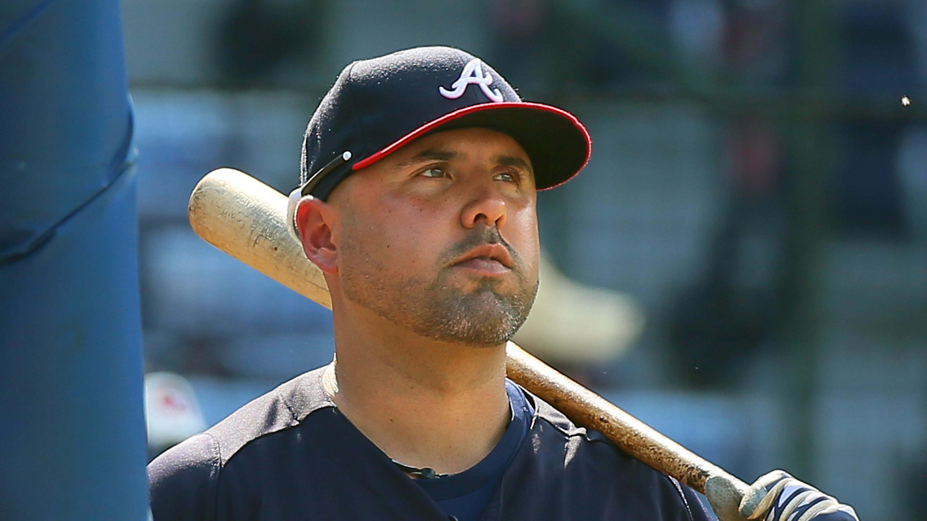 Braves catcher Gerald Laird takes batting practice before playing the Twins on Tuesday, May 21, 2013, in Atlanta.