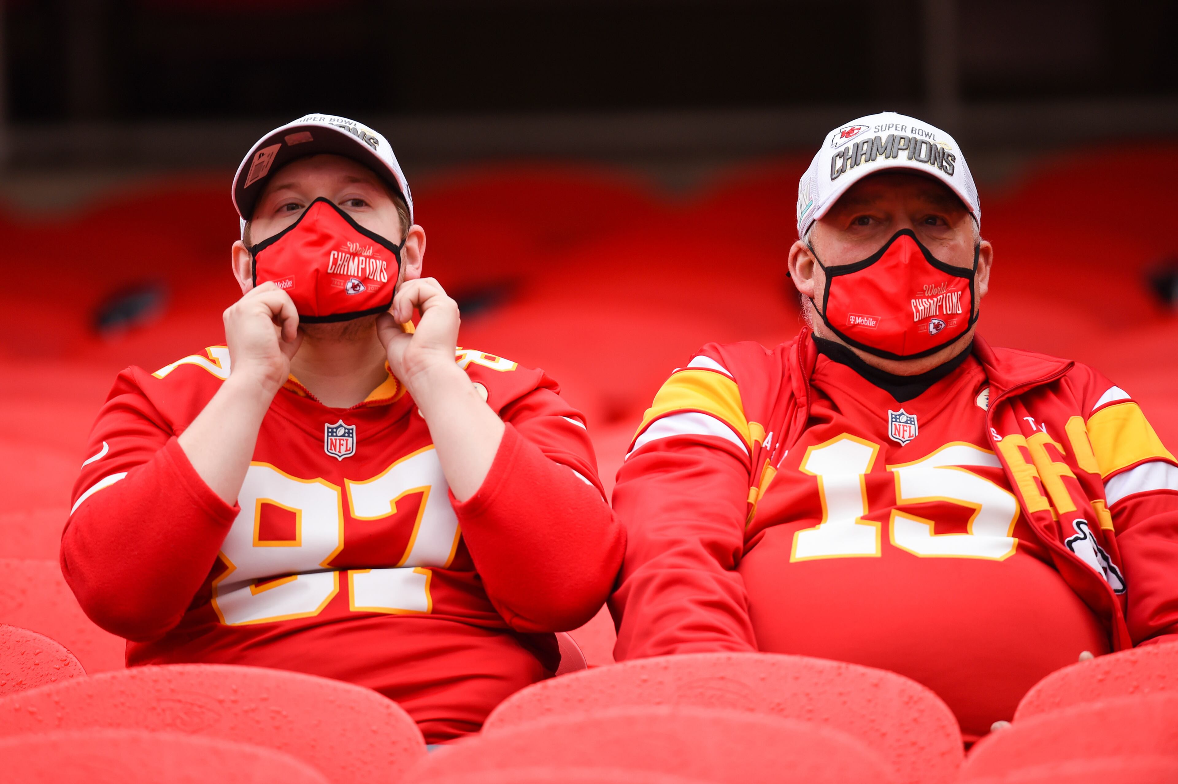 Kansas City residents Joshua and Joe Evano attend their fourth Kansas City Chiefs home opener Thursday, September 10, 2020 against the Houston Texans in the NFL season opener at Arrowhead Stadium in Kansas City, Missouri. Due to COVID-19 precautions, fan capacity was reduced to 22% and all fans were required to wear face masks at all times, except when eating or drinking. (Tammy Ljungblad/The Kansas City Star/TNS)