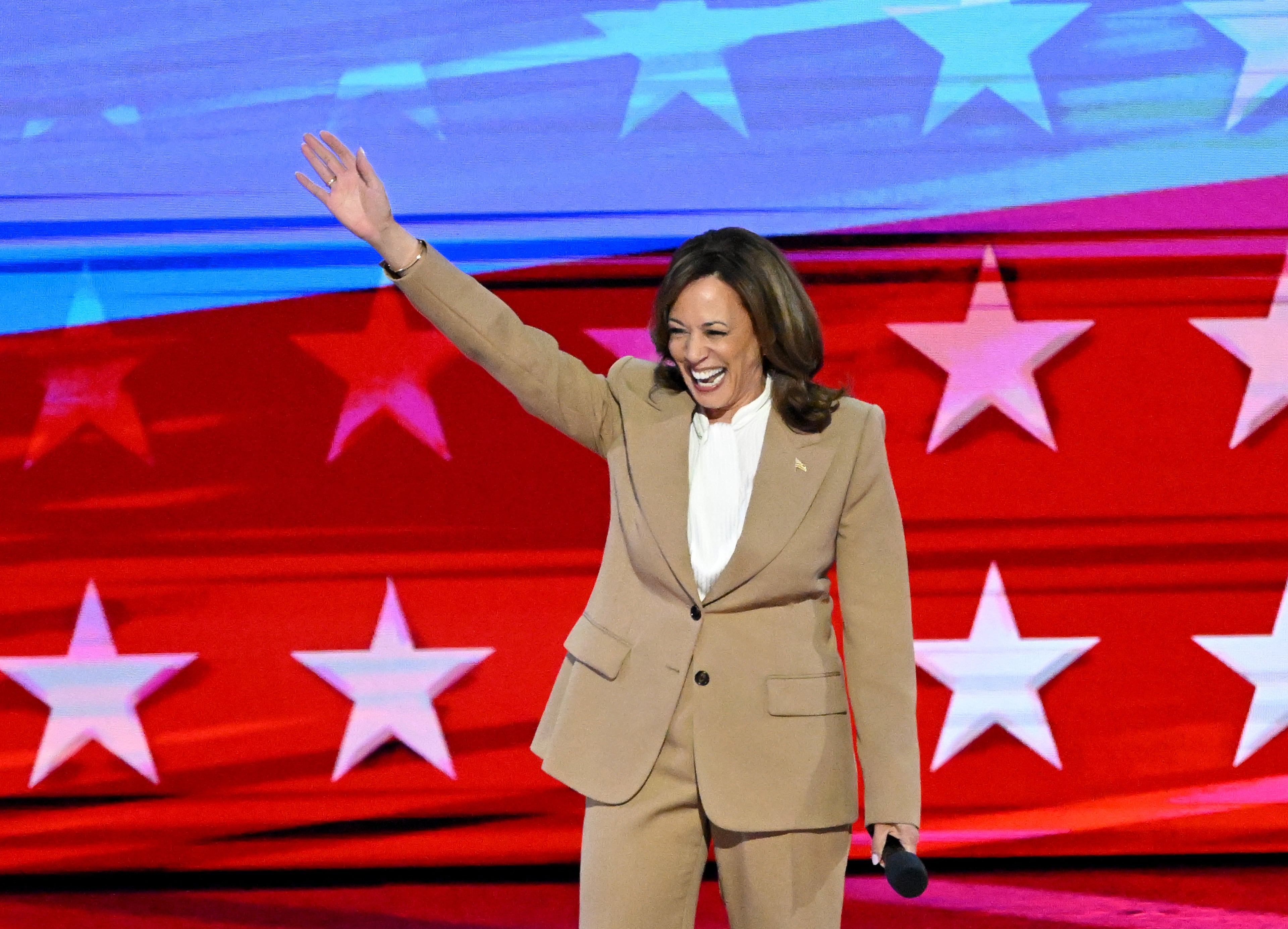 Vice President Kamala Harris appears on the stage during the day 1 of the Democratic National Convention at the United Center, Monday, August 19, 2024, in Chicago, Illinois. (Hyosub Shin / AJC)