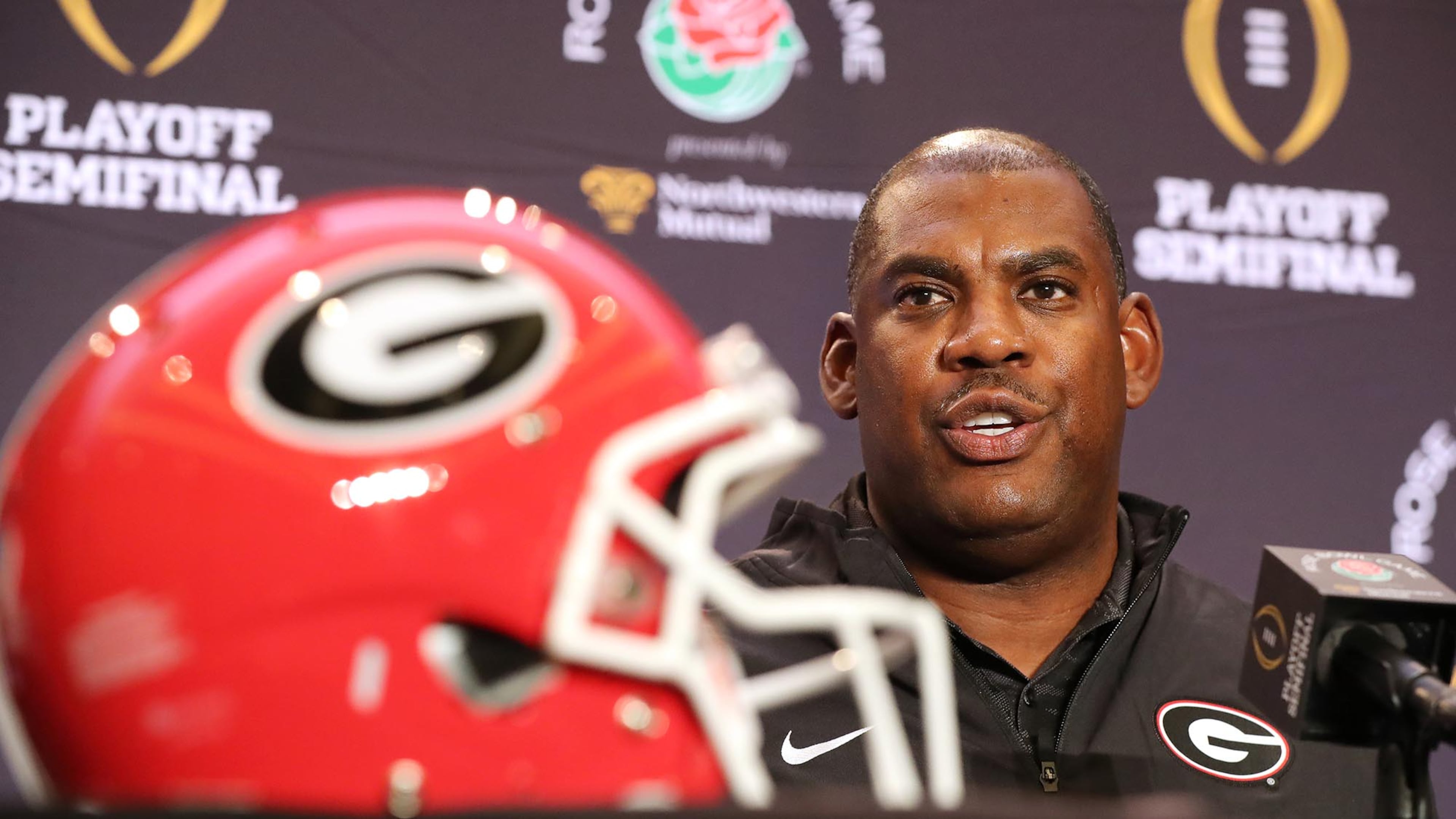 Georgia defensive coordinator Mel Tucker makes a opening statement during the Georgia defensive press conferences for the Rose Bowl Friday, Dec. 29, 2017, in Los Angeles.