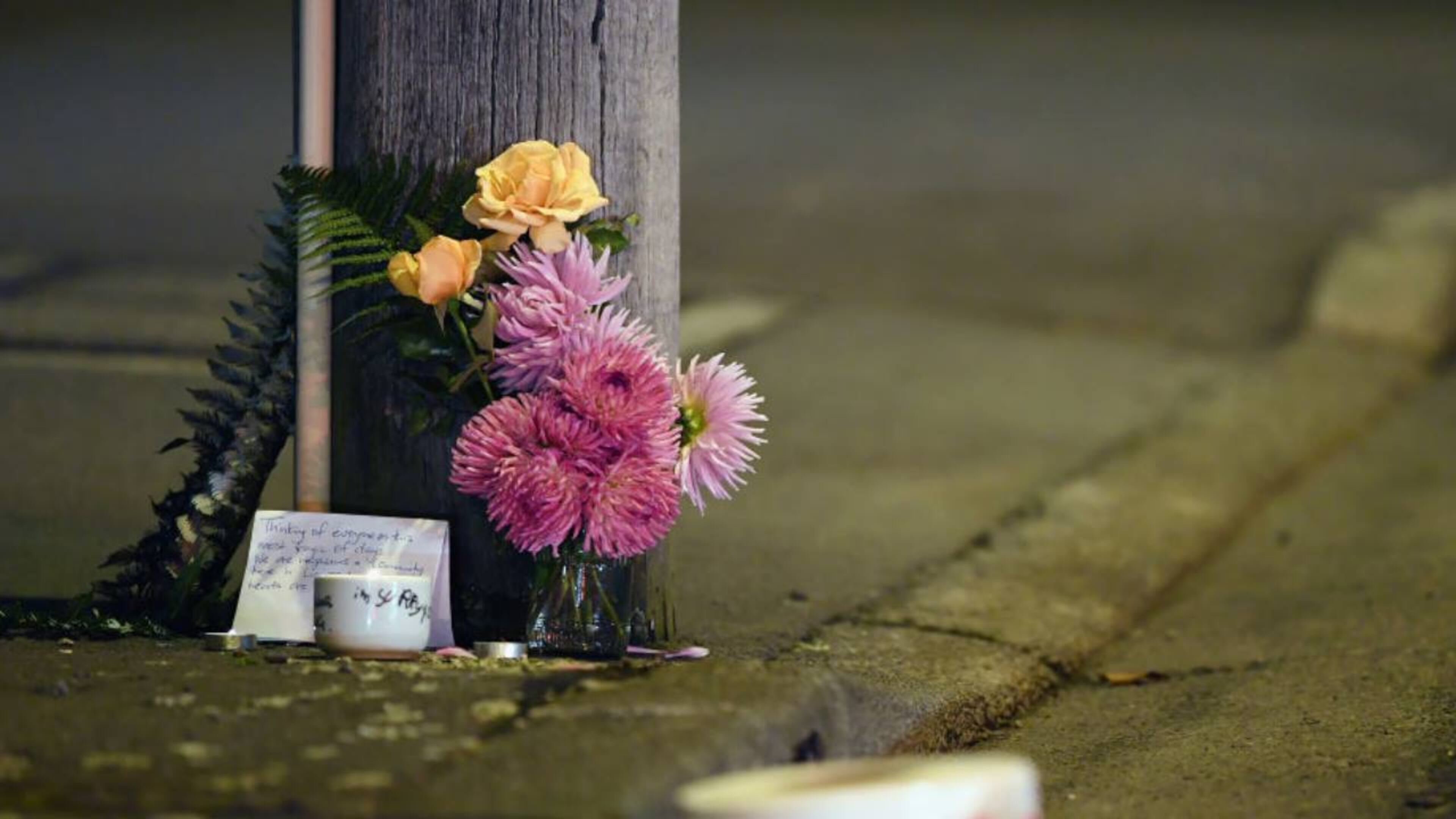 A floral tribute is left near the Linwood Avenue mosque in Christchurch.