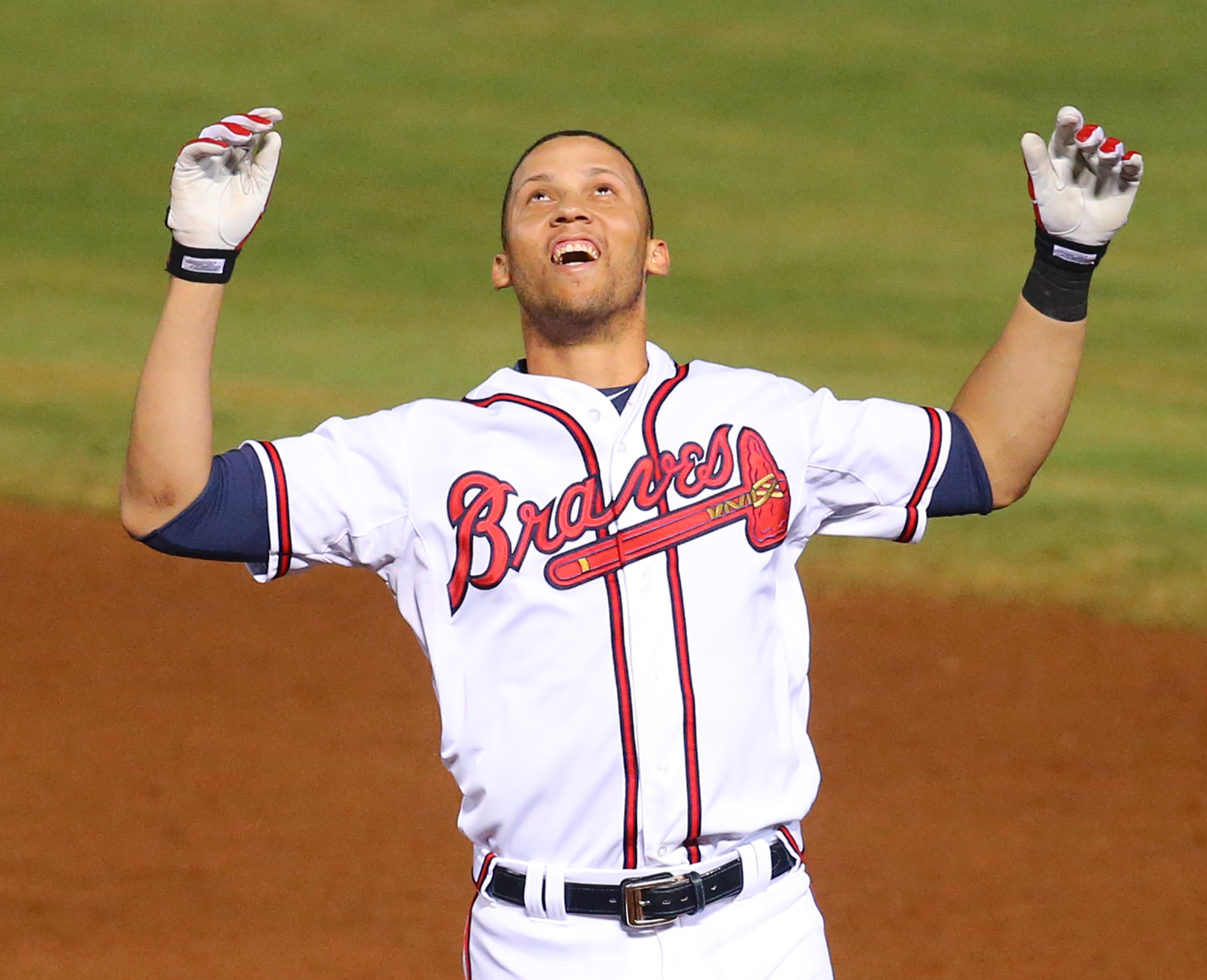 Braves Andrelton Simmons reacts after hitting a walk off game winning RBI single to beat the Blue Jays 3-2 in the 9th inning of a baseball game on Tuesday, Sept. 15, 2015, in Atlanta. Curtis Compton / ccompton@ajc.com