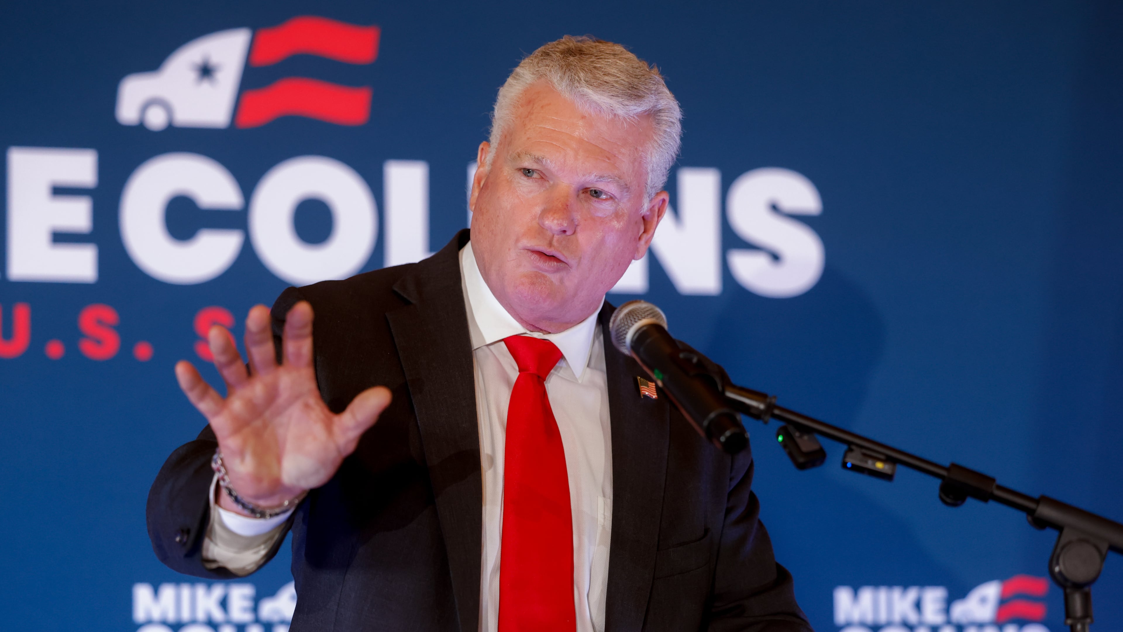 Republican U.S. Senate candidate Mike Collins speaks at his primary election watch party last Tuesday. (Arvin Temkar/AJC)