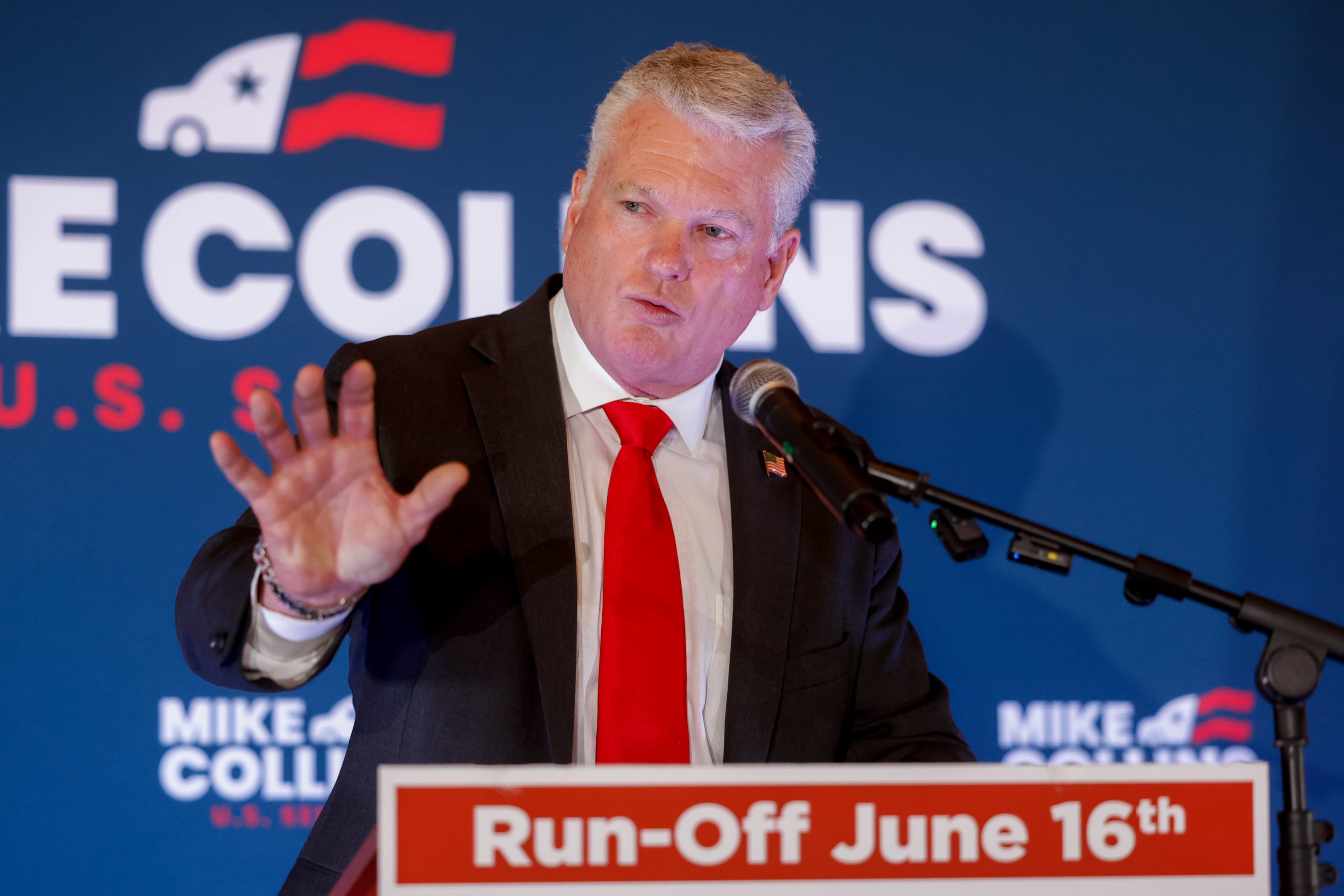 Republican U.S. Senate candidate Mike Collins speaks at his primary election watch party at The Carmichael House in Jackson on Tuesday. (Arvin Temkar/AJC)