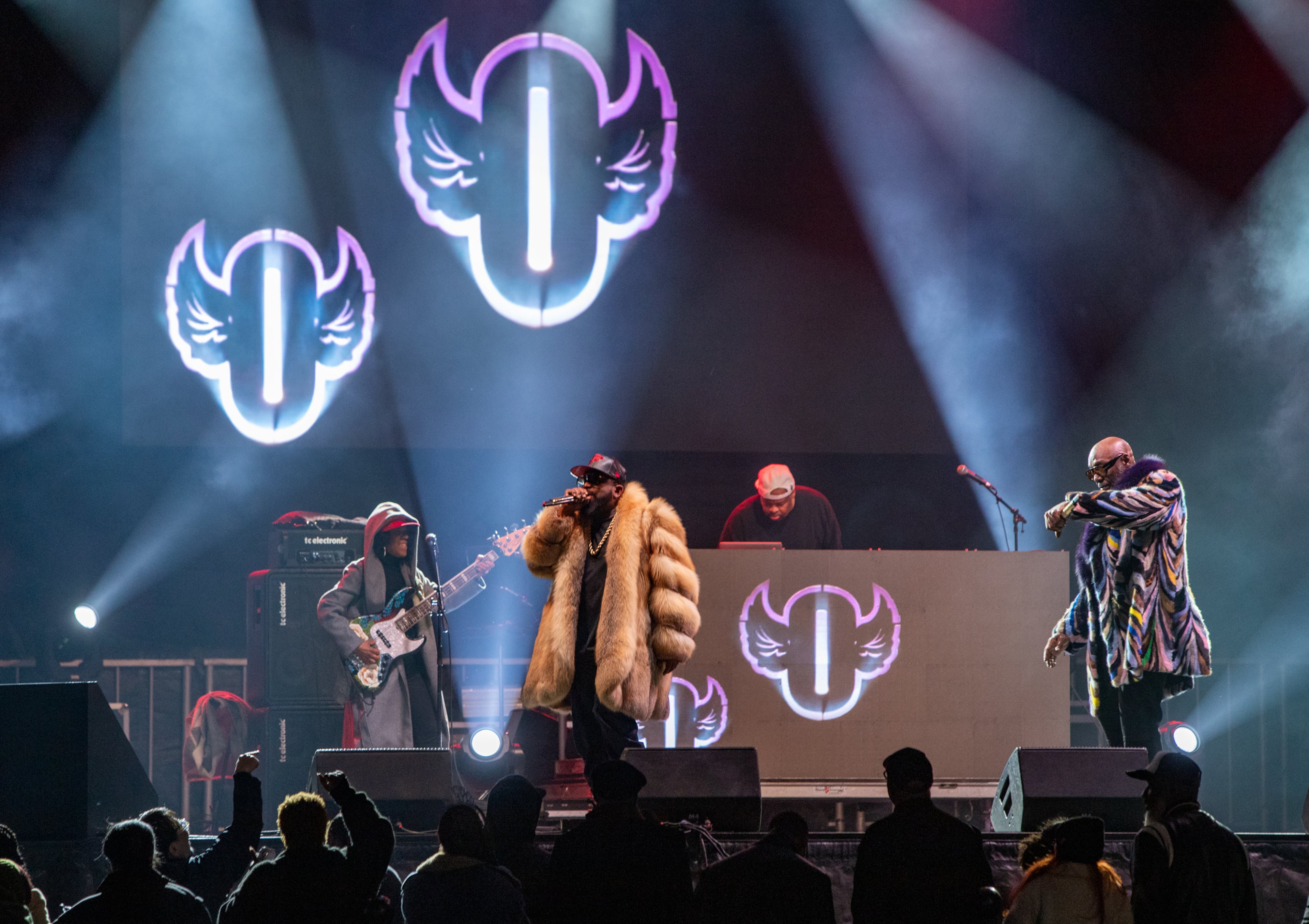 The Peach Drop returns to Underground Atlanta with a free concert including Big Boi as the headliner on Tuesday, Dec 31, 2024. Big Boi, fur coat, is on stage with Sleepy Brown. (Jenni Girtman for The Atlanta Journal-Constitution)