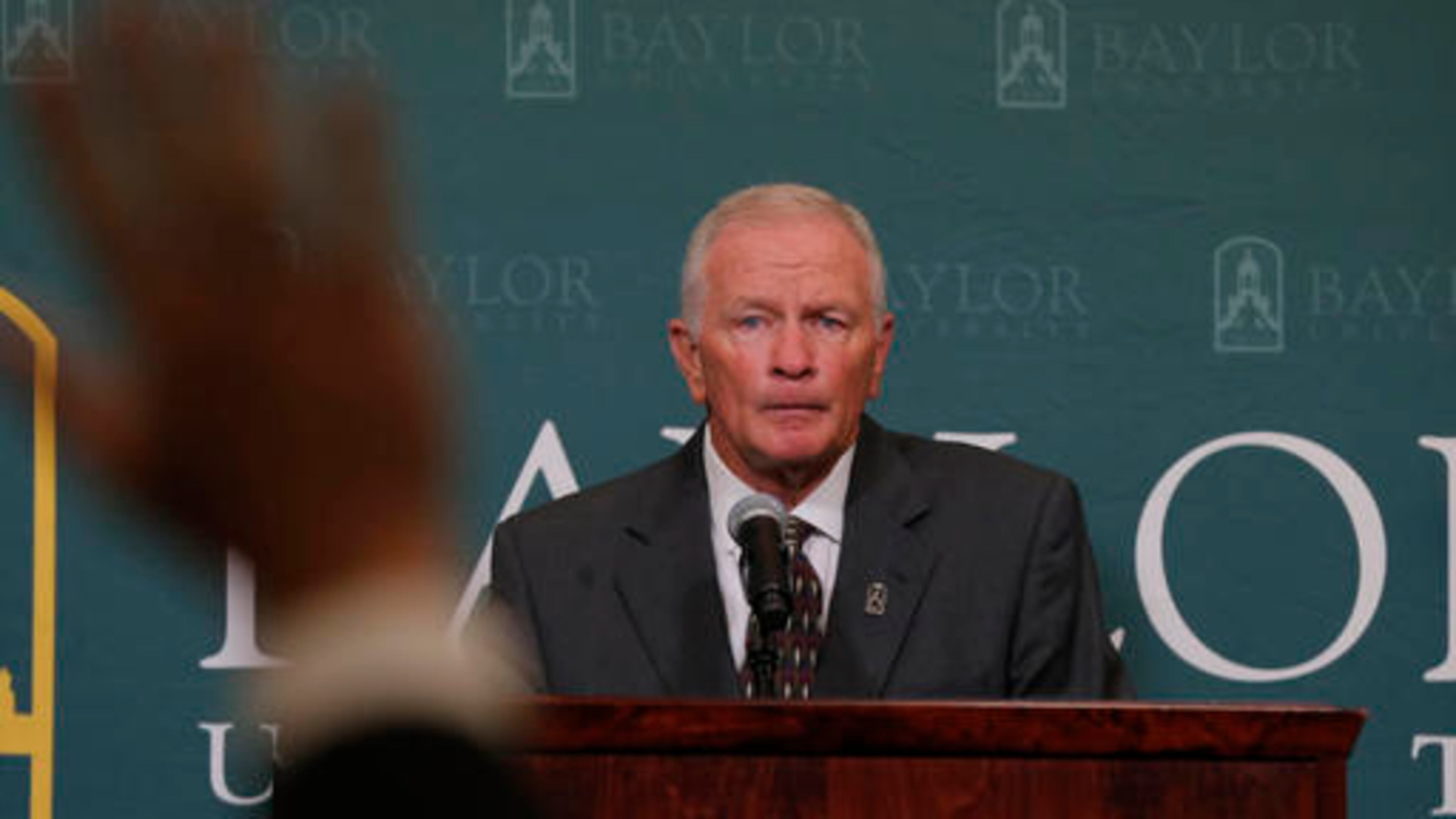 Baylor interim head football coach Jim Grobe talks with reporters during a news conference, Friday, June 3, 2016, in Waco, Texas. Grobe replaces former head coach Art Briles who was fired last week. (Rod Aydelotte/Waco Tribune Herald, via AP)