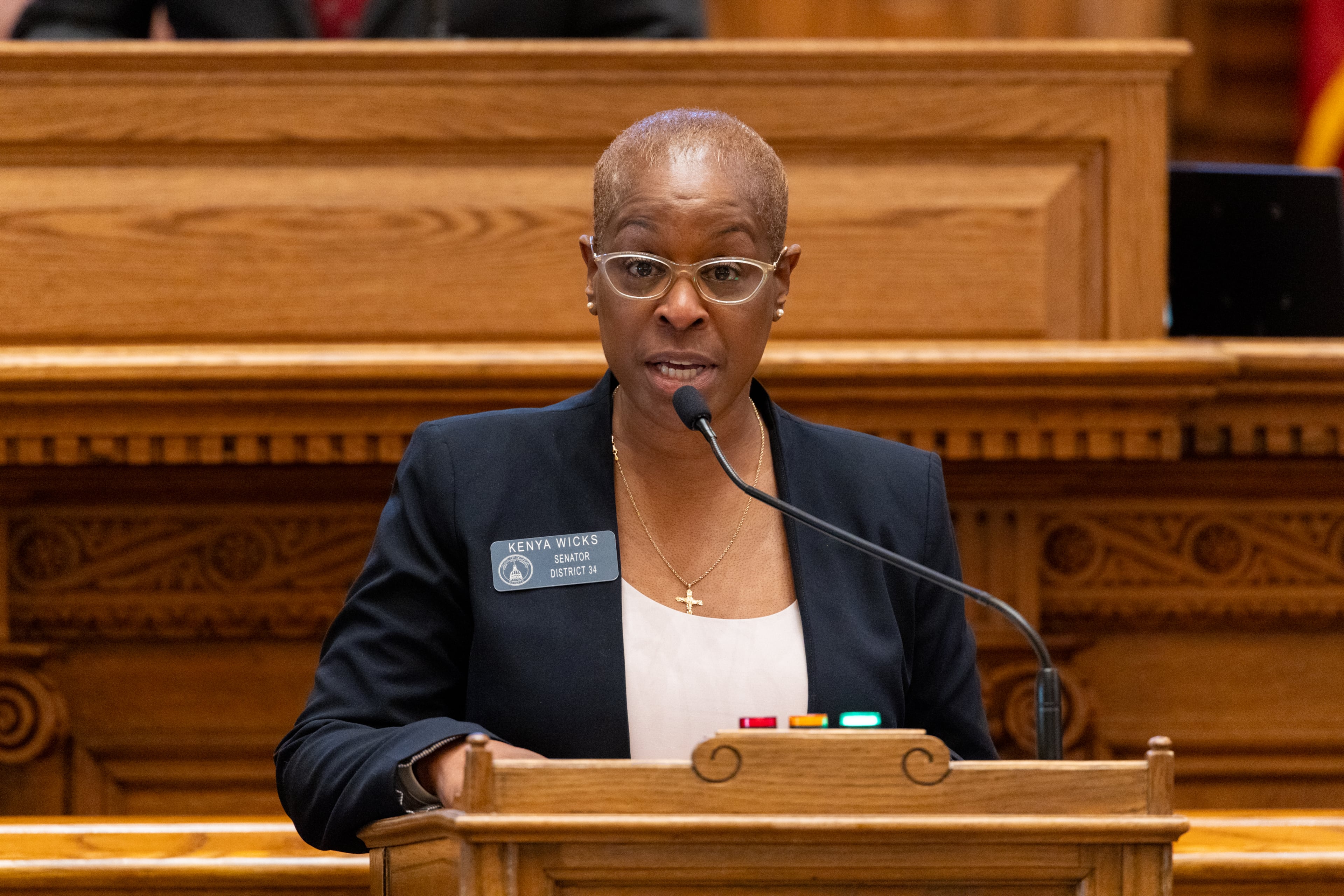 State Sen. Kenya Wicks, D-Fayette, spoke about Immigration and Customs Enforcement and the death of Alex Pretti in Minnesota at the Capitol in Atlanta on Tuesday. (Arvin Temkar/AJC)