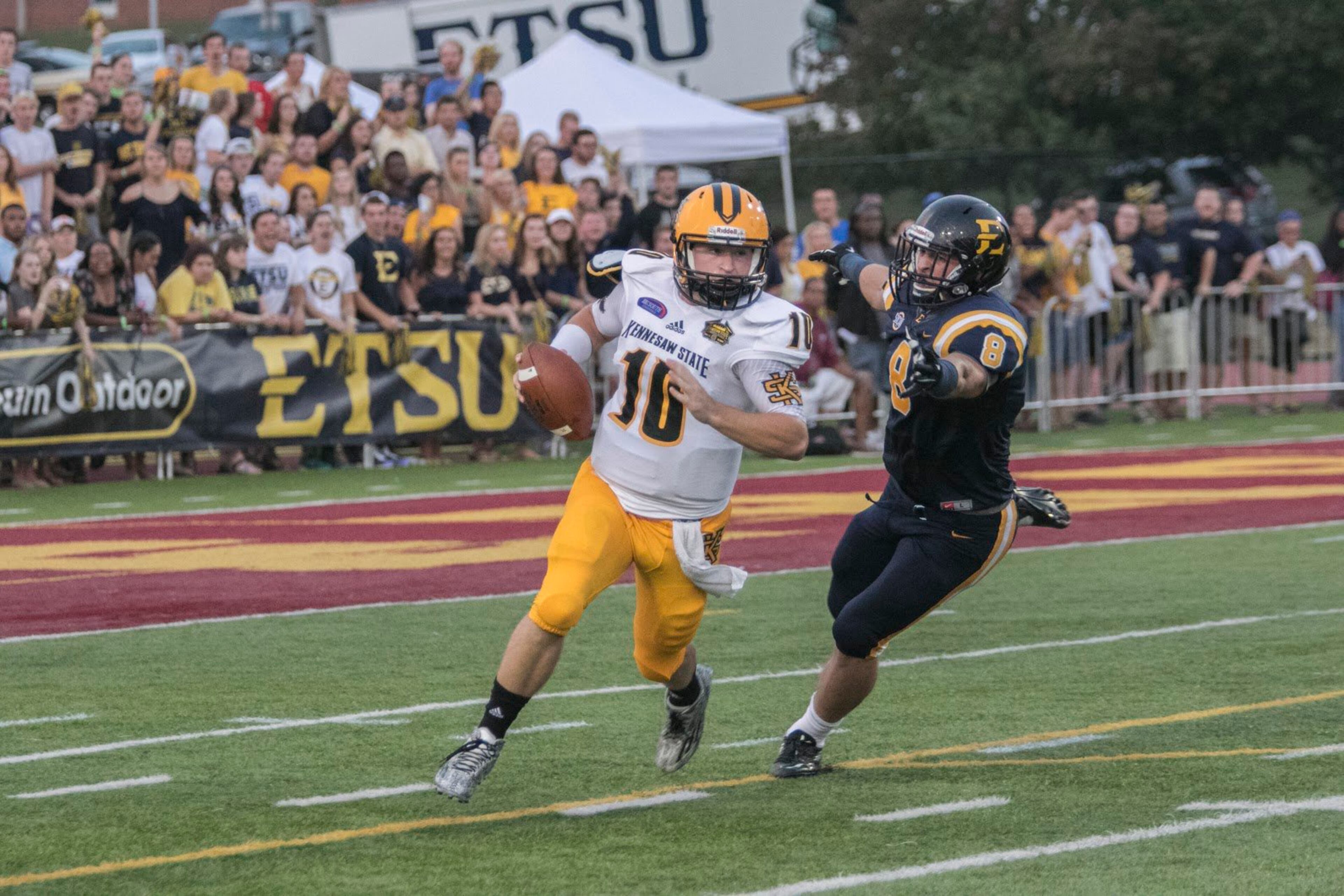 ETSU's River Boruff chases down Kennesaw State's Trey White.