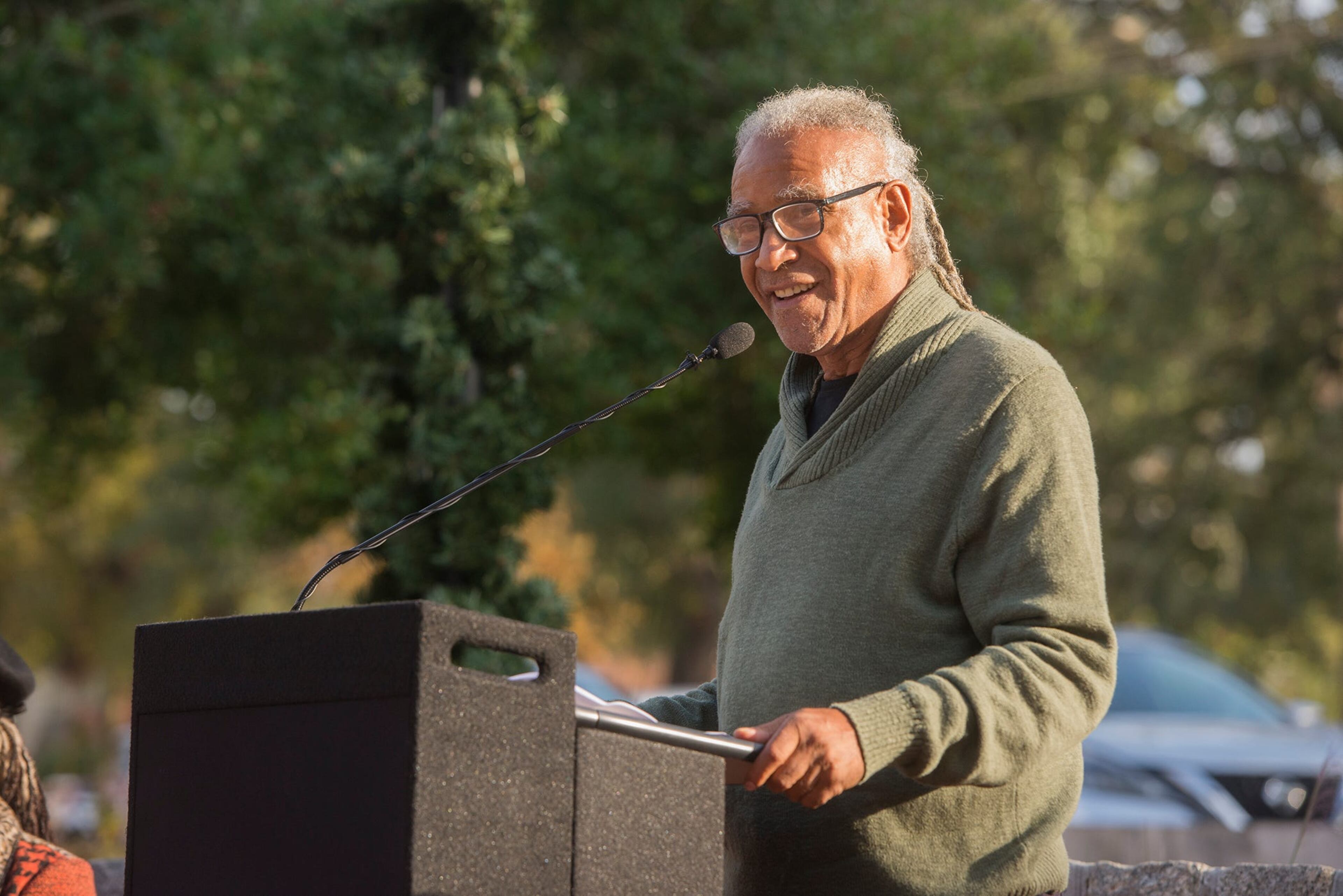 Jerome B. Meadows, the artist who was commissioned to design, create and install artwork in the Yamacraw Art Park, speaks at the space's renaming ceremony on Sunday. Now, the greenspace takes its place as Savannah's 23rd square as Yamacraw Square.