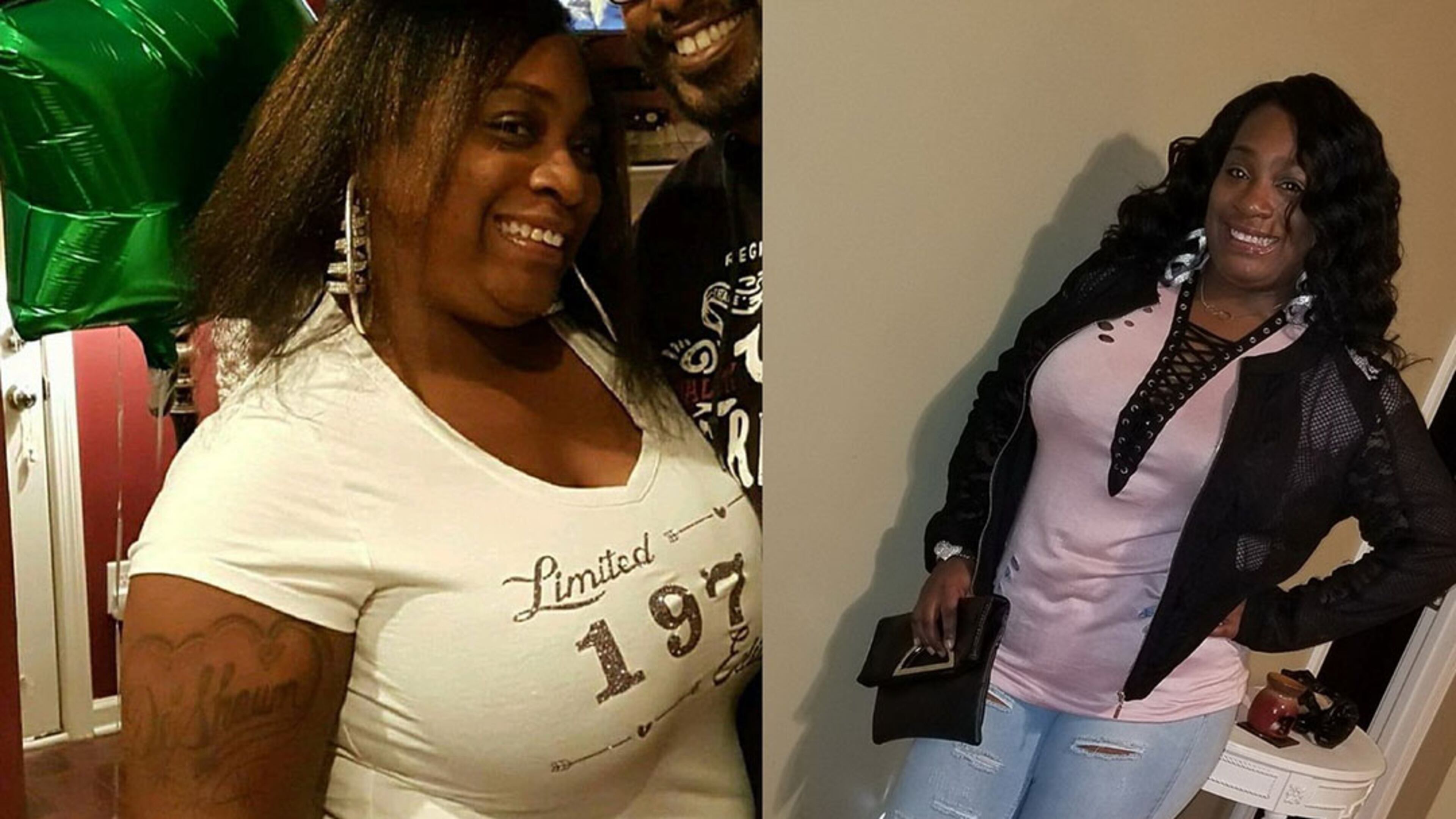 Tcee Donely’s weight in the photo on the left, taken in December 2016, was 256 pounds. In the photo on the right, taken this month, her weight was 189 pounds. Photos contributed by Tcee Donely.