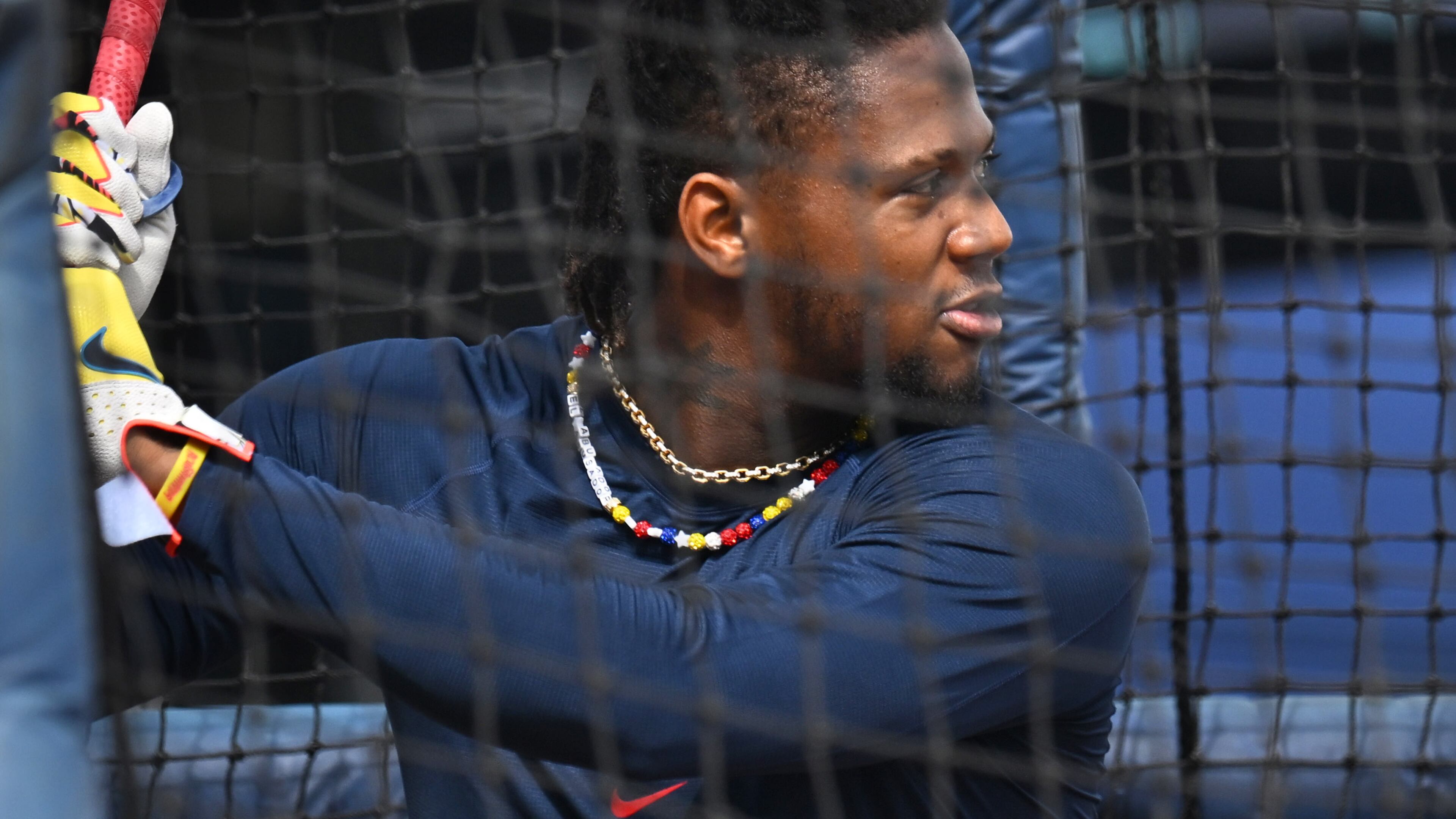 Atlanta Braves right fielder Ronald Acuna Jr. takes batting practice during spring training workouts at CoolToday Park, Feb. 16, 2024, in North Port, Florida. (Hyosub Shin / Hyosub.Shin@ajc.com)