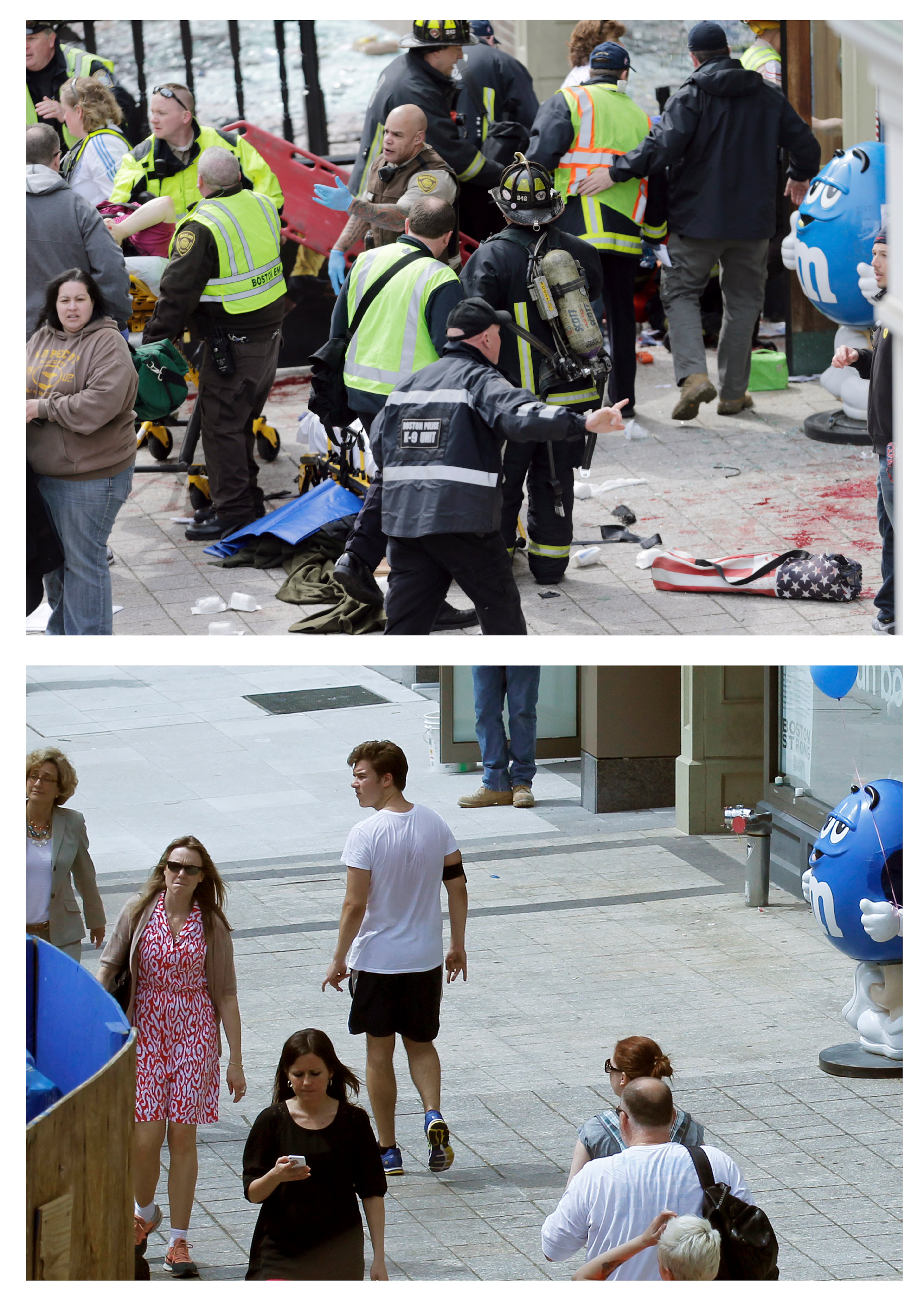This combination of April 15, 2013 and April 14, 2014 photos shows medical workers aiding injured people along Boylston Street after the first of two bombs exploded near the finish line of the 2013 Boston Marathon, then pedestrians walking along the same sidewalk almost a year later in Boston. (AP Photo/Charles Krupa, File)