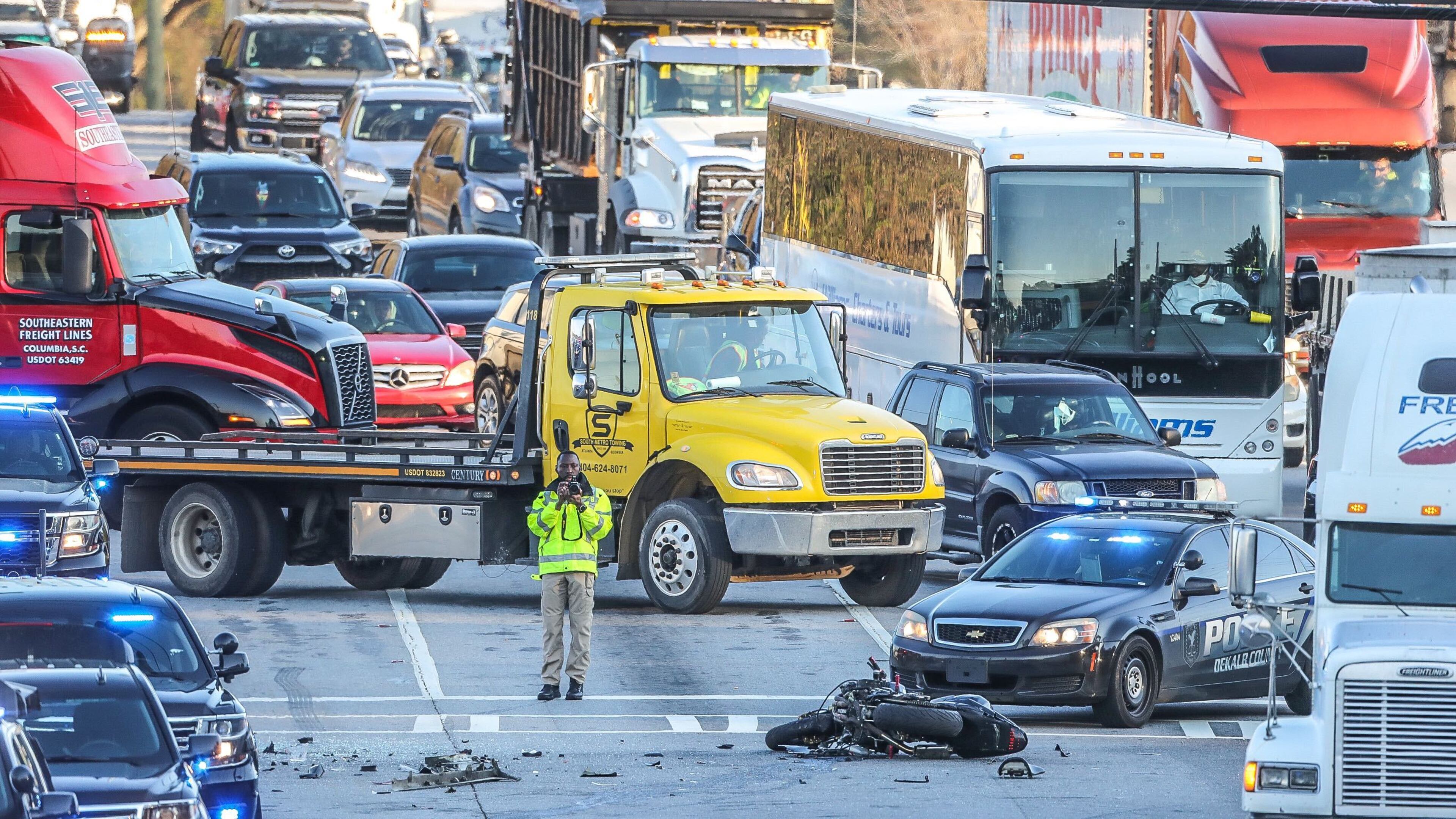 A fatal crash closed all southbound lanes of Moreland Avenue at South River Industrial Boulevard in DeKalb County on Monday morning. According to police, a motorcyclist was killed.