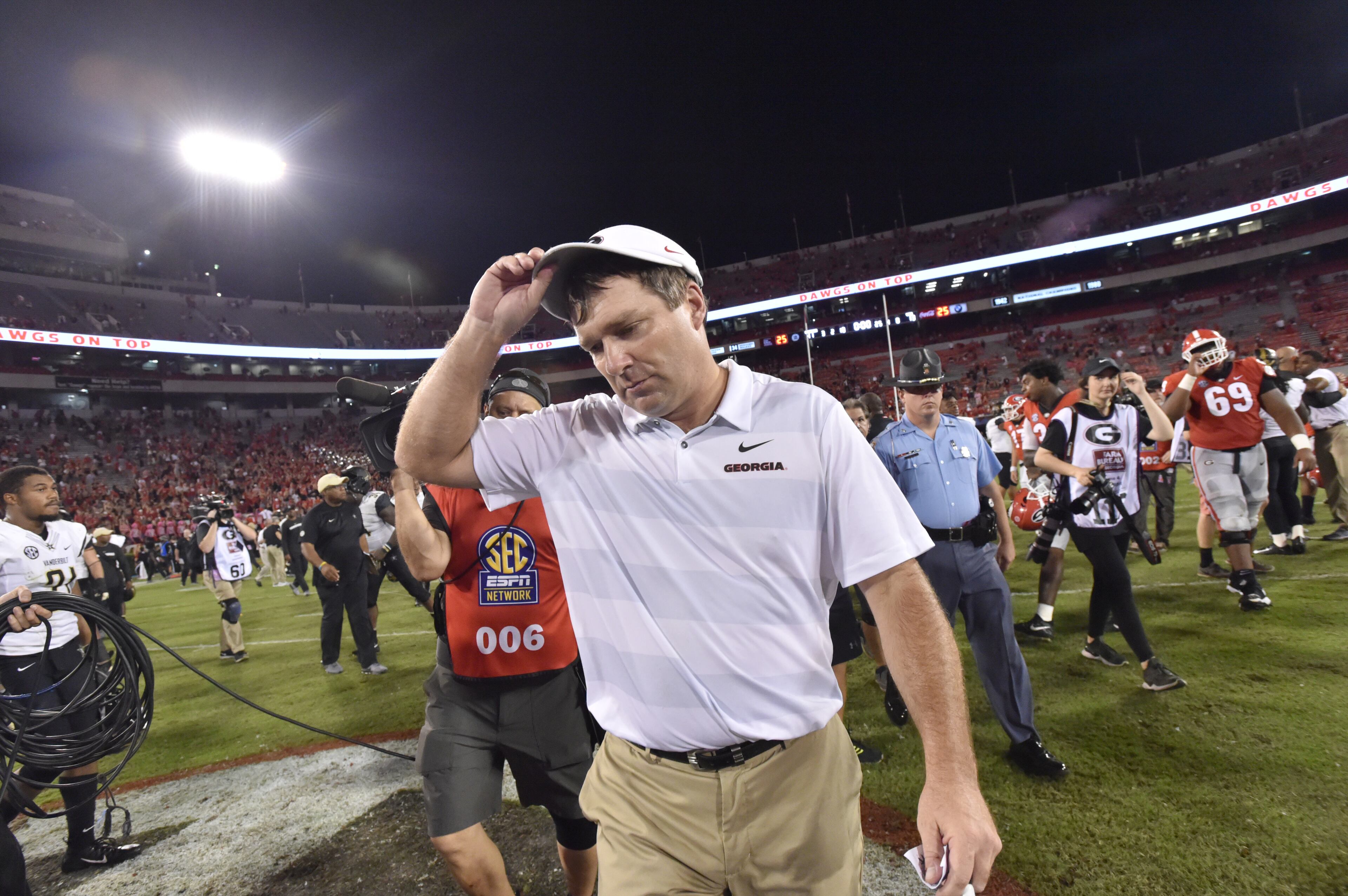 October 6, 2018 Athens - Georgia head coach Kirby Smart leaves the football field during a NCAA college football game at Sanford Stadium in Athens on Saturday, October 6, 2018. Georgia won 41-13 over the Vanderbilt. HYOSUB SHIN / HSHIN@AJC.COM