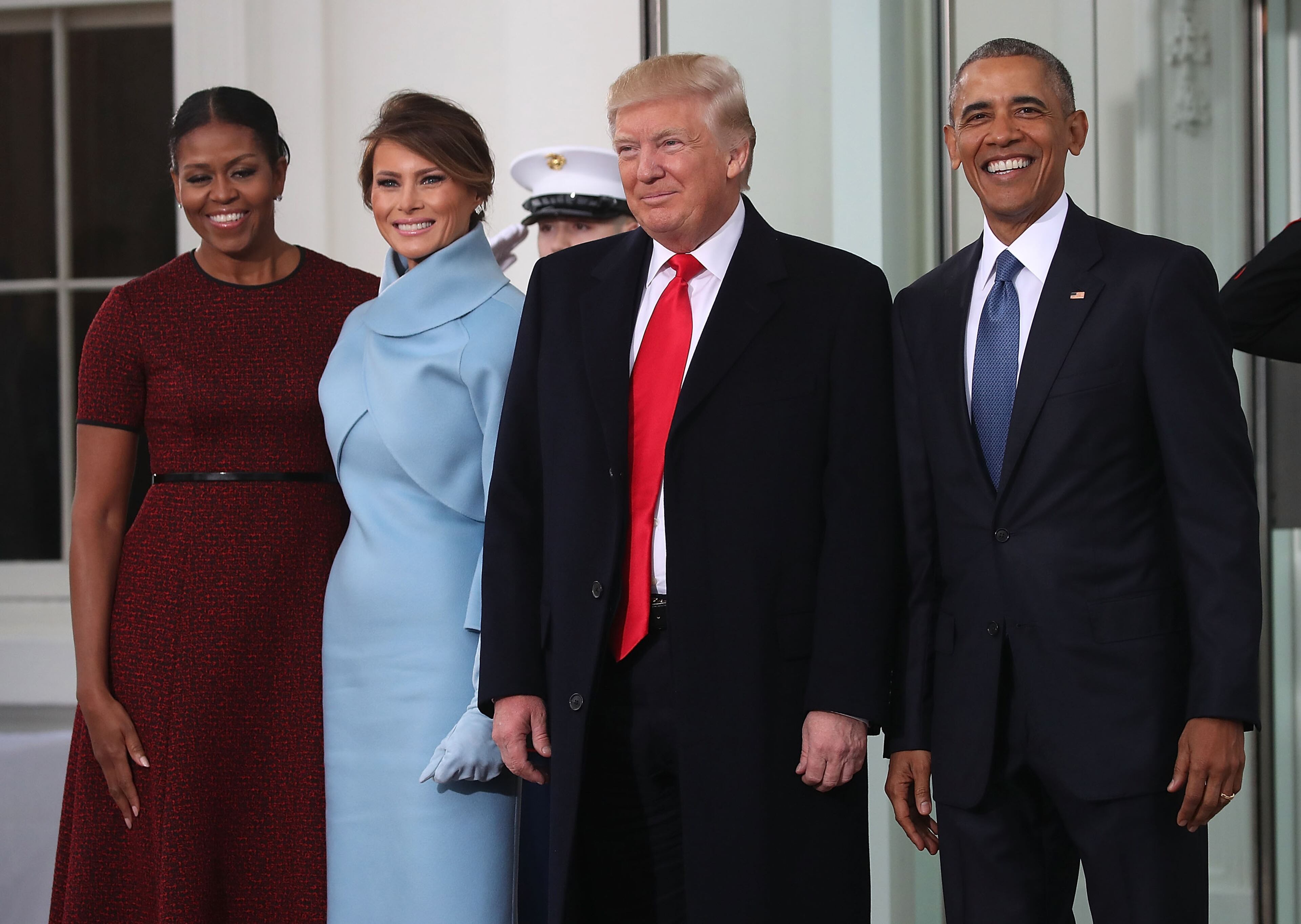 WASHINGTON, DC - JANUARY 20: President-elect Donald Trump (2ndR),and his wife Melania Trump (2ndL), are greeted by President Barack Obama and his wife first lady Michelle Obama, upon arriving at the White House on January 20, 2017 in Washington, DC. Later in the morning President-elect Trump will be sworn in as the nation's 45th president during an inaugural ceremony at the U.S. Capitol.