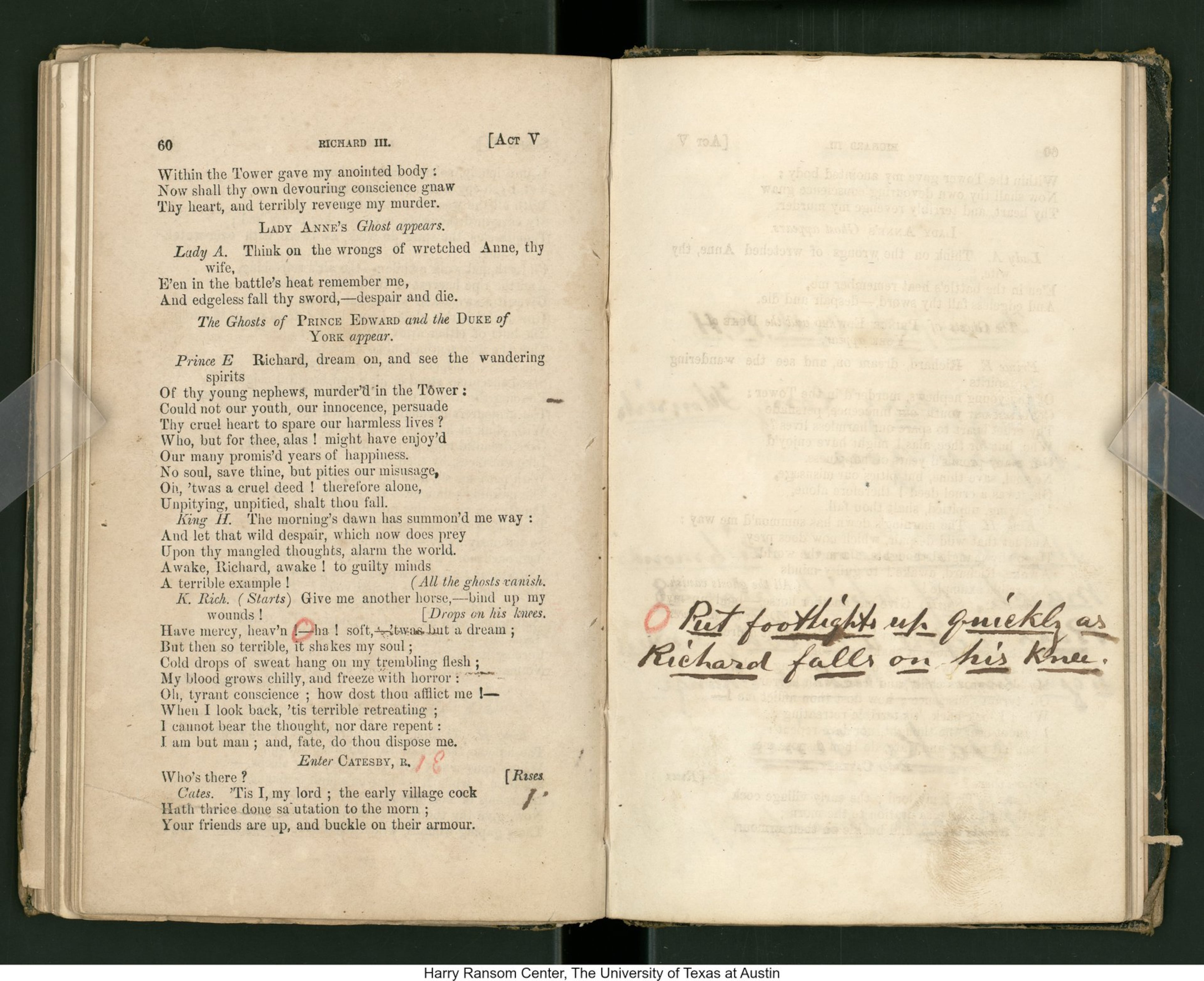 John Wilkes Booth’s promptbook for Shakespeare’s “Richard III,” c. 1861-1864. On the right page is Booth’s note reading, “Put the footlights up quickly as Richard falls on his knee.”