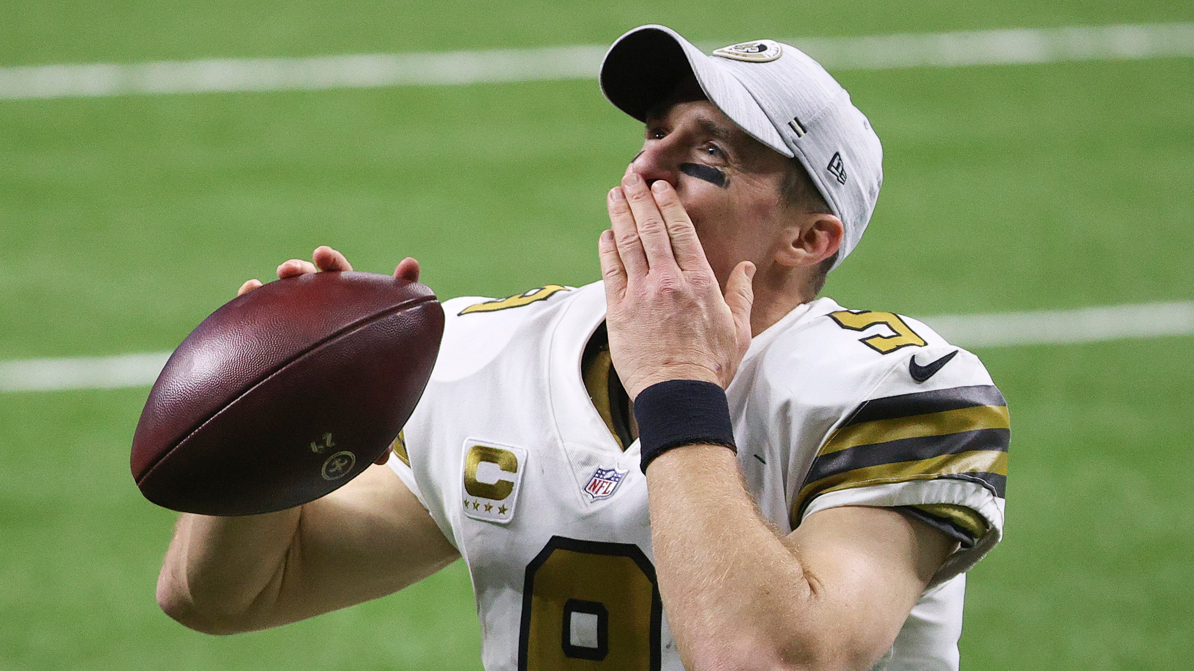 Drew Brees of the New Orleans Saints blows a kiss after defeating the Minnesota Vikings at Mercedes-Benz Superdome on December 25, 2020 in New Orleans, Louisiana. Brees was one of five players elected into the Pro Football Hall of Fame on Thrusday. (Chris Graythen/Getty Images)