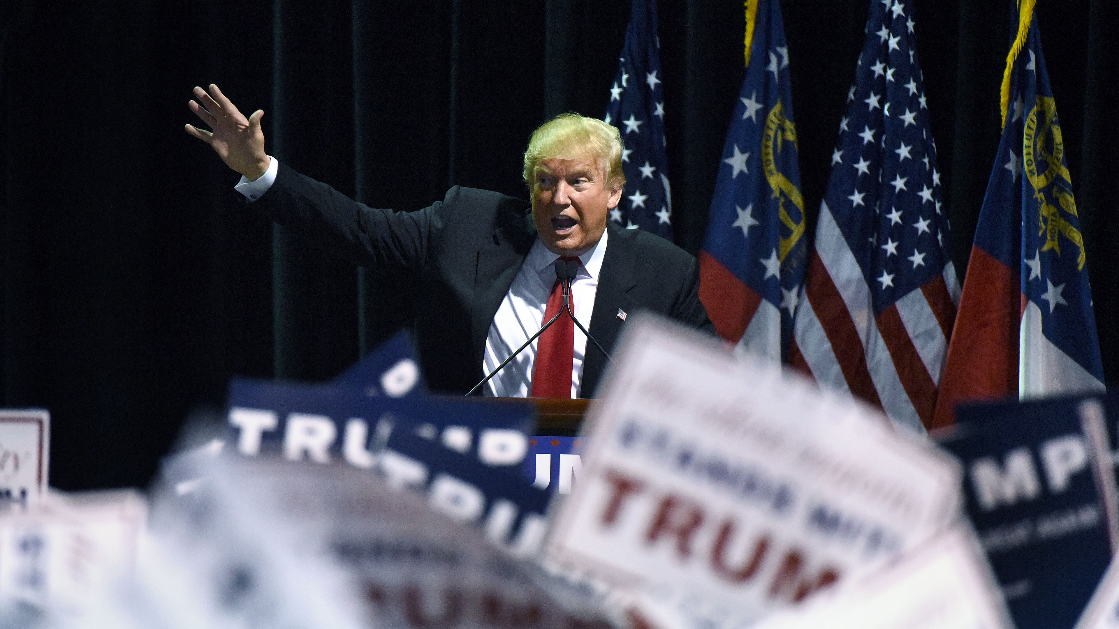 Republican frontrunner Donald Trump speaks at Georgia World Congress Center on Sunday, February 21, 2016. The first stop Donald Trump scheduled after South Carolina's GOP primary was the short hop to Georgia, where voters get their say on March 1. HYOSUB SHIN / HSHIN@AJC.COM
