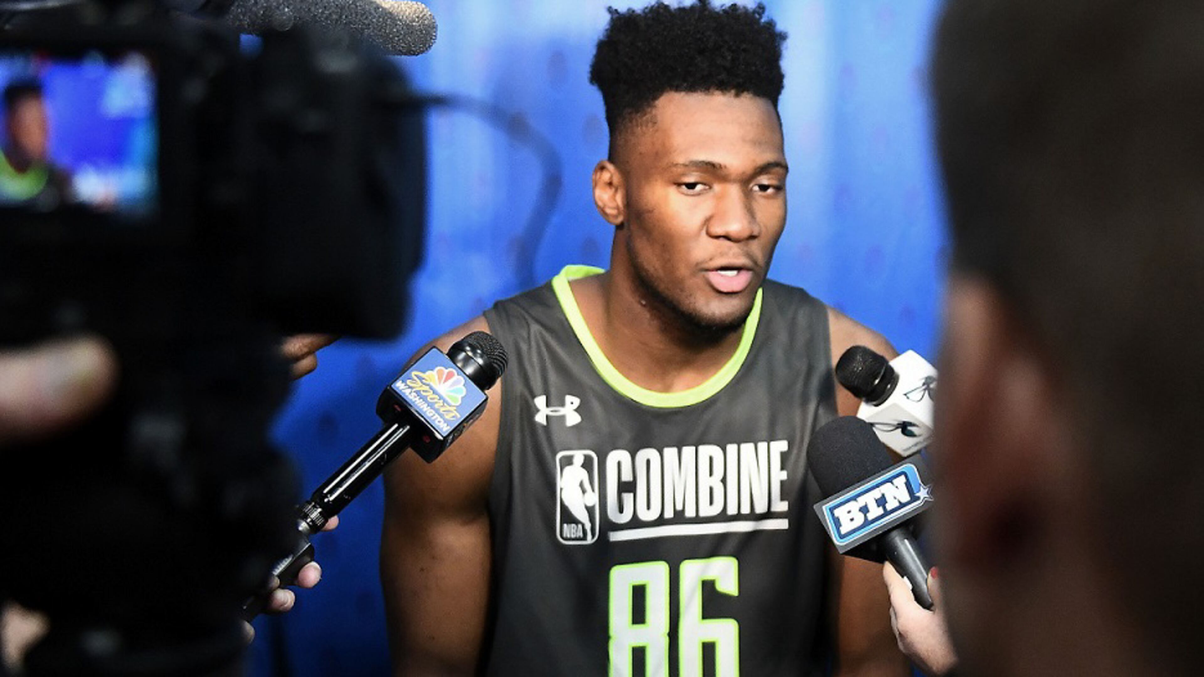 Bruno Fernando speaks with the media during the NBA Draft Combine at Quest MultiSport Complex on May 16, 2019 in Chicago. (Photo by Stacy Revere/Getty Images)