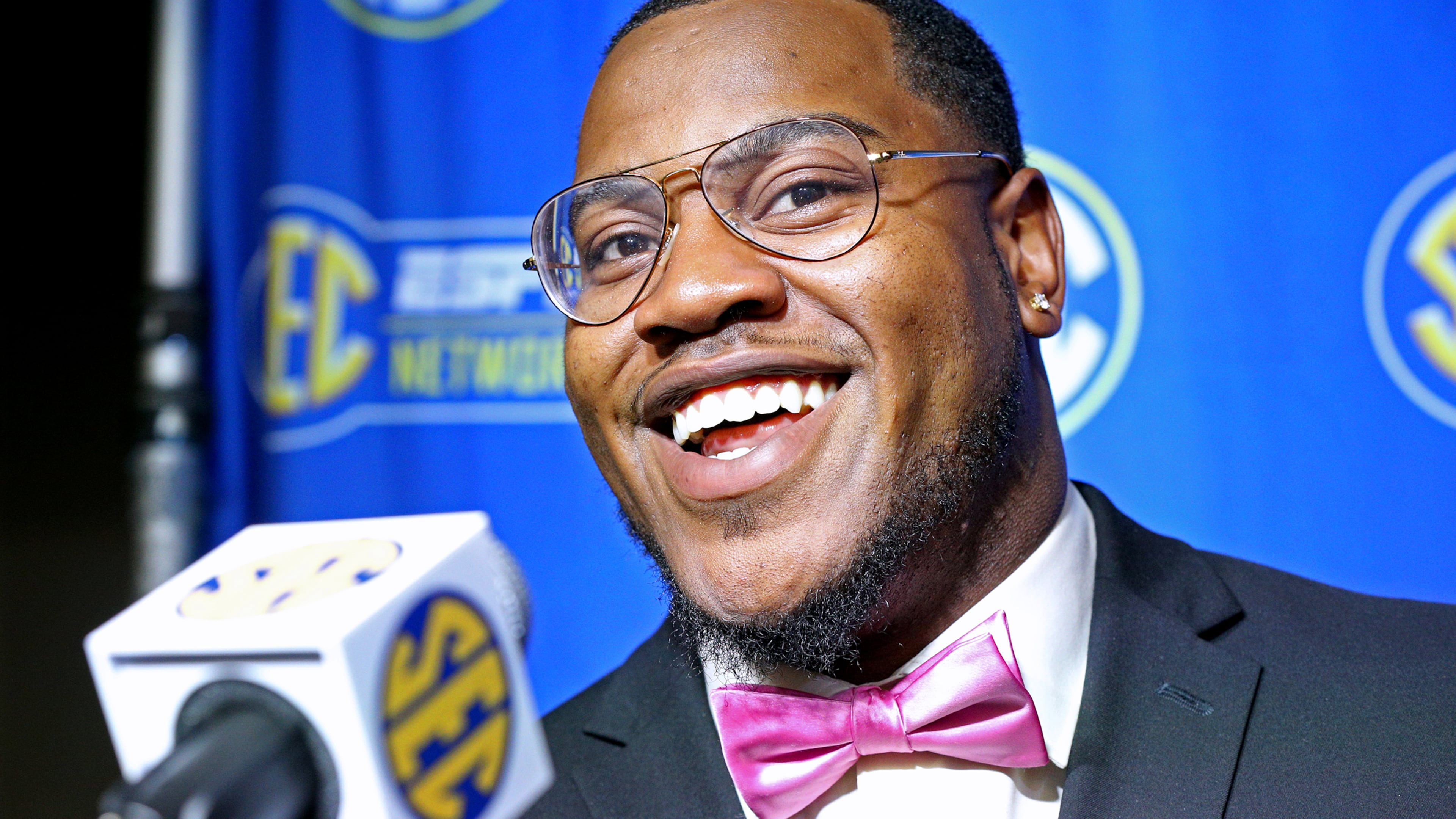 It's great being Georgia defensive end Jonathan Ledbetter during his SEC Media Days news conference at the College Football Hall of Fame. (Curtis Compton/ccompton@ajc.com)