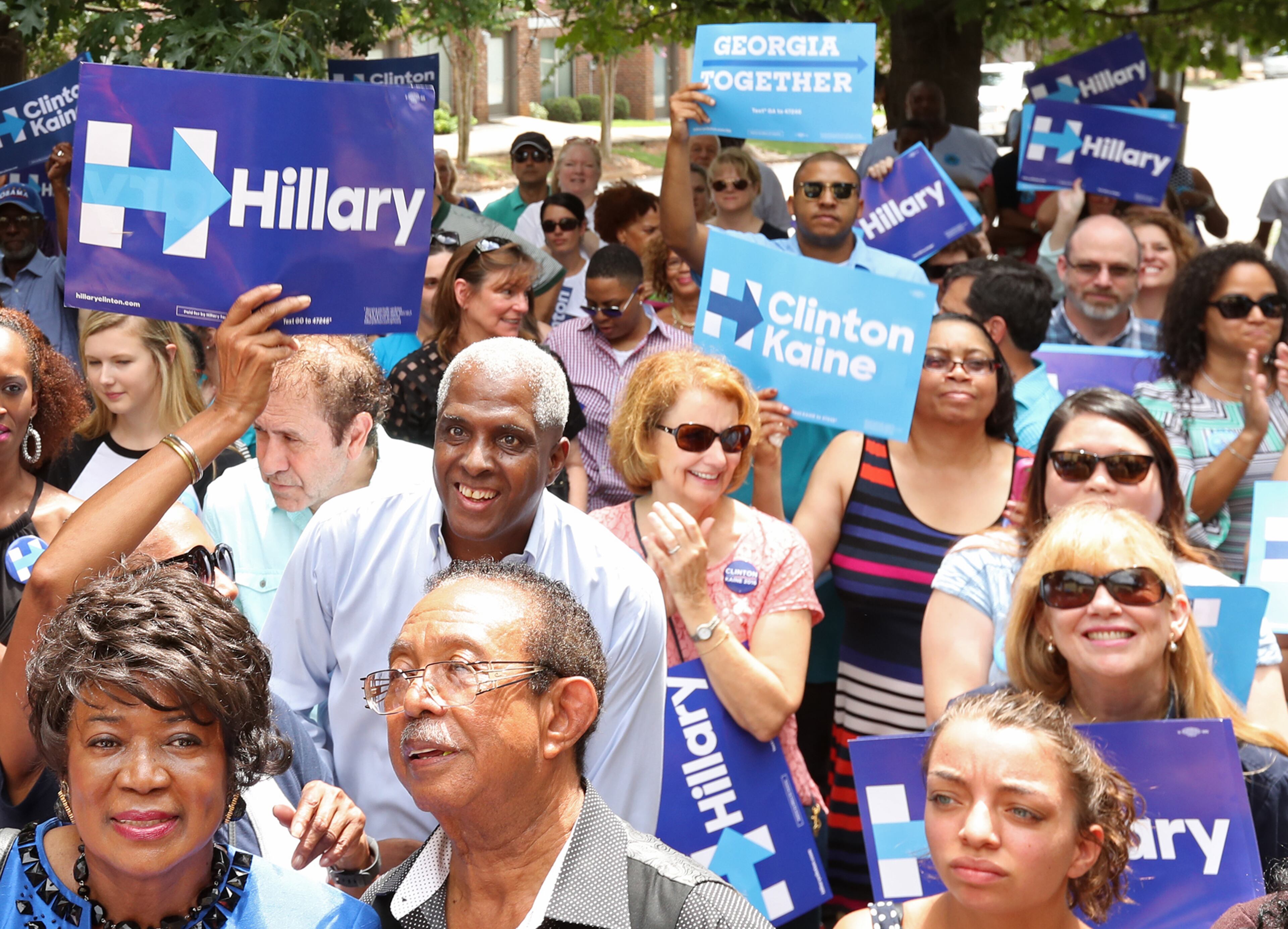 A crowd gathers outside the building to listen to "Scandal" actor Tony Goldwyn speak as he helps open Democratic presidential nominee Hillary Clinton's Georgia campaign headquarters on Sunday, August 21, 2016, in Atlanta. On the hit TV show Goldwyn plays President Fitzgerald Grant, a Republican! Curtis Compton /ccompton@ajc.com