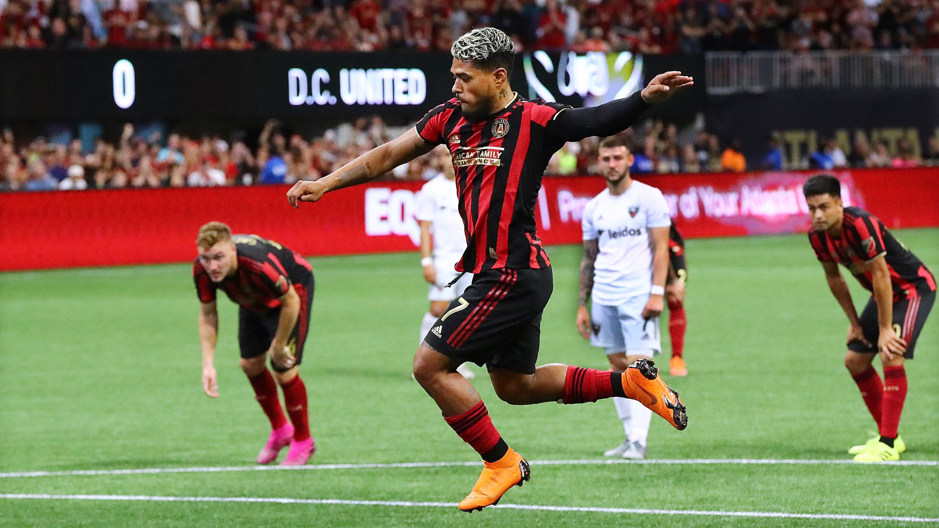 Atlanta United forward Josef Martinez gets some air on a penalty kick against D.C. United making a rare miss during thier soccer match on Sunday, July 21, 2019, in Atlanta. Curtis Compton/ccompton@ajc.com
