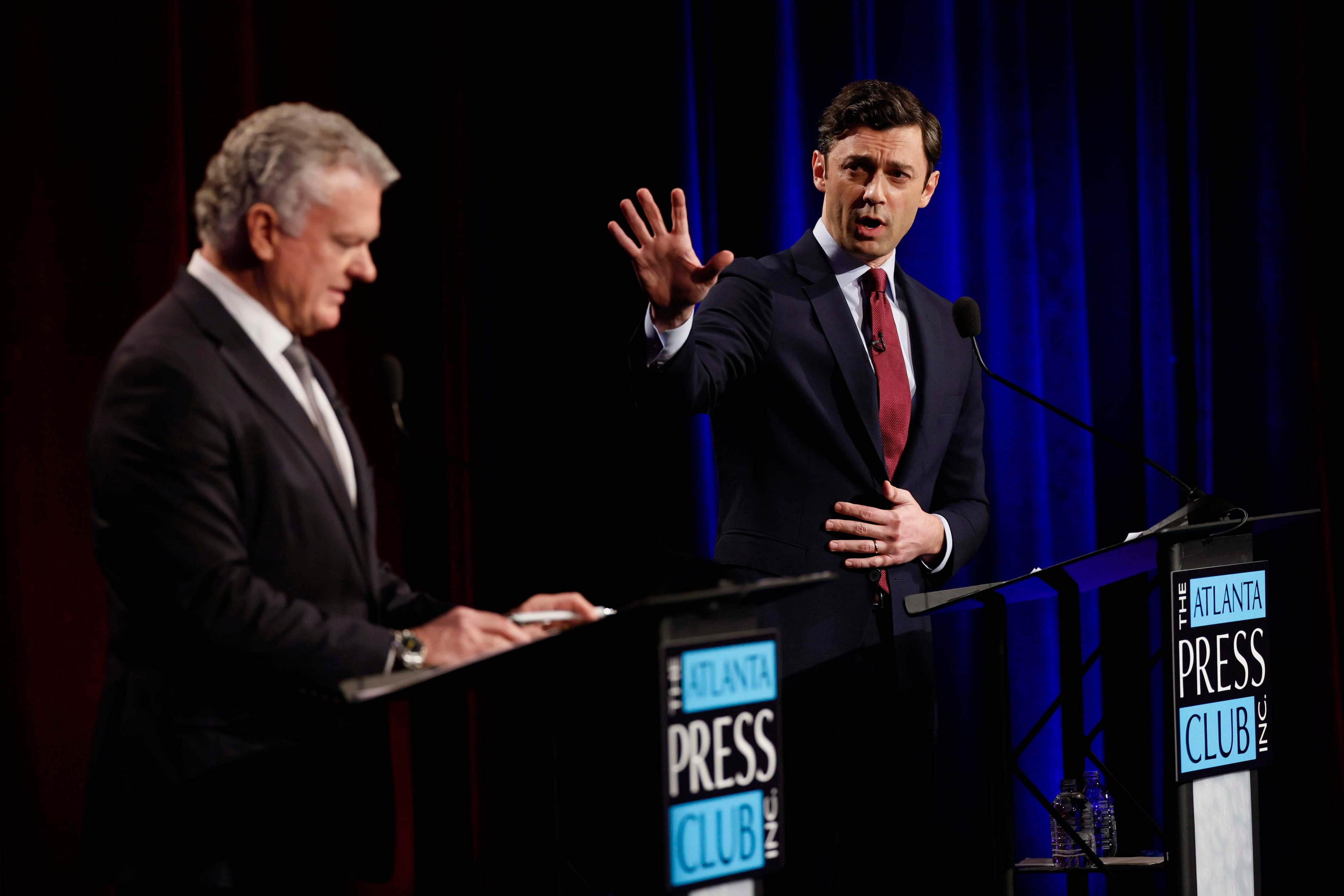 Democratic U.S. Sen. Jon Ossoff debates with Republican U.S. Rep. Mike Collins during the Loudermilk-Young Senate Debate Series at the Georgia Public Broadcasting studio in Atlanta, Ga., on Tuesday, Oct. 13, 2026. (Miguel Martinez/AJC)