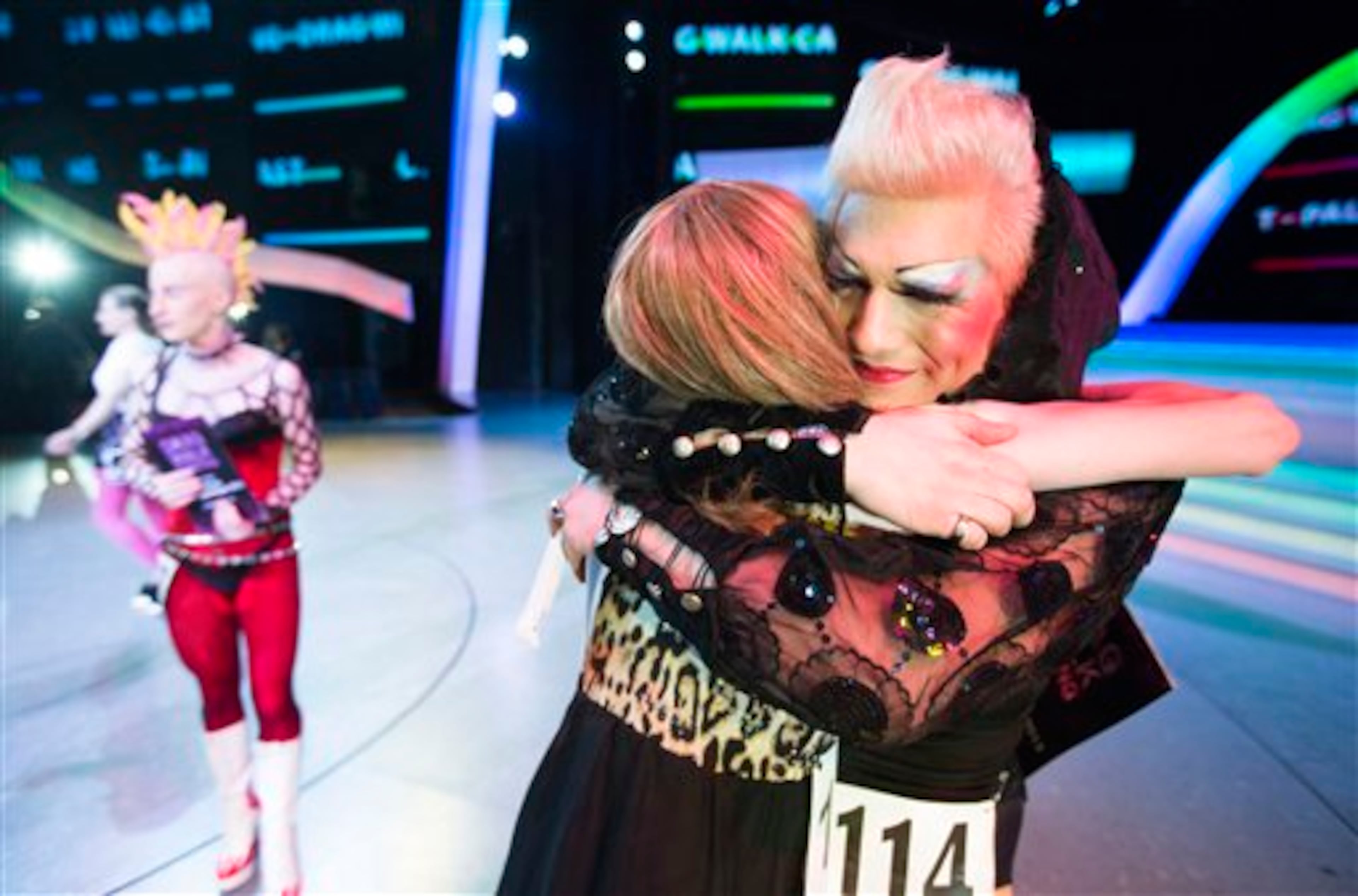 Drag Queen Sally Morell, right, cries after winning a drag queen casting at Friedrichstadt-Palast in Berlin, Germany, Friday, May 10, 2013. Morell was awarded the overall victory by a jury choosing as well some of the 21 participants to take part at the Christopher Street Day Gala Show at Friedrichstadt-Palast revue. (AP Photo/Gero Breloer)