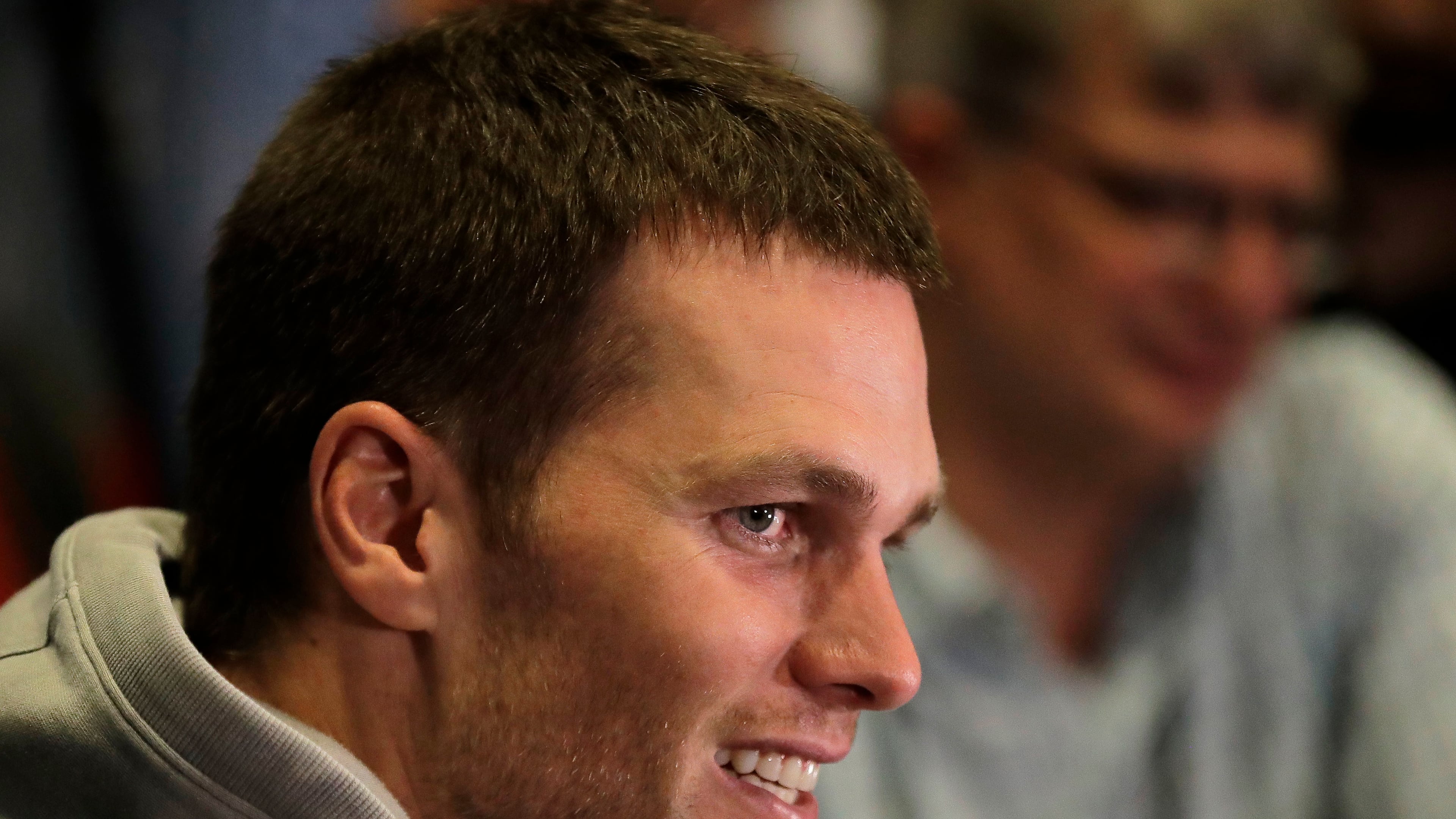 New England Patriots quarterback Tom Brady does an interview during a media availability for the NFL Super Bowl 51 football game Wednesday, Feb. 1, 2017, in Houston. The Patriots will face the Atlanta Falcons in the Super Bowl Sunday. (AP Photo/Charlie Riedel)