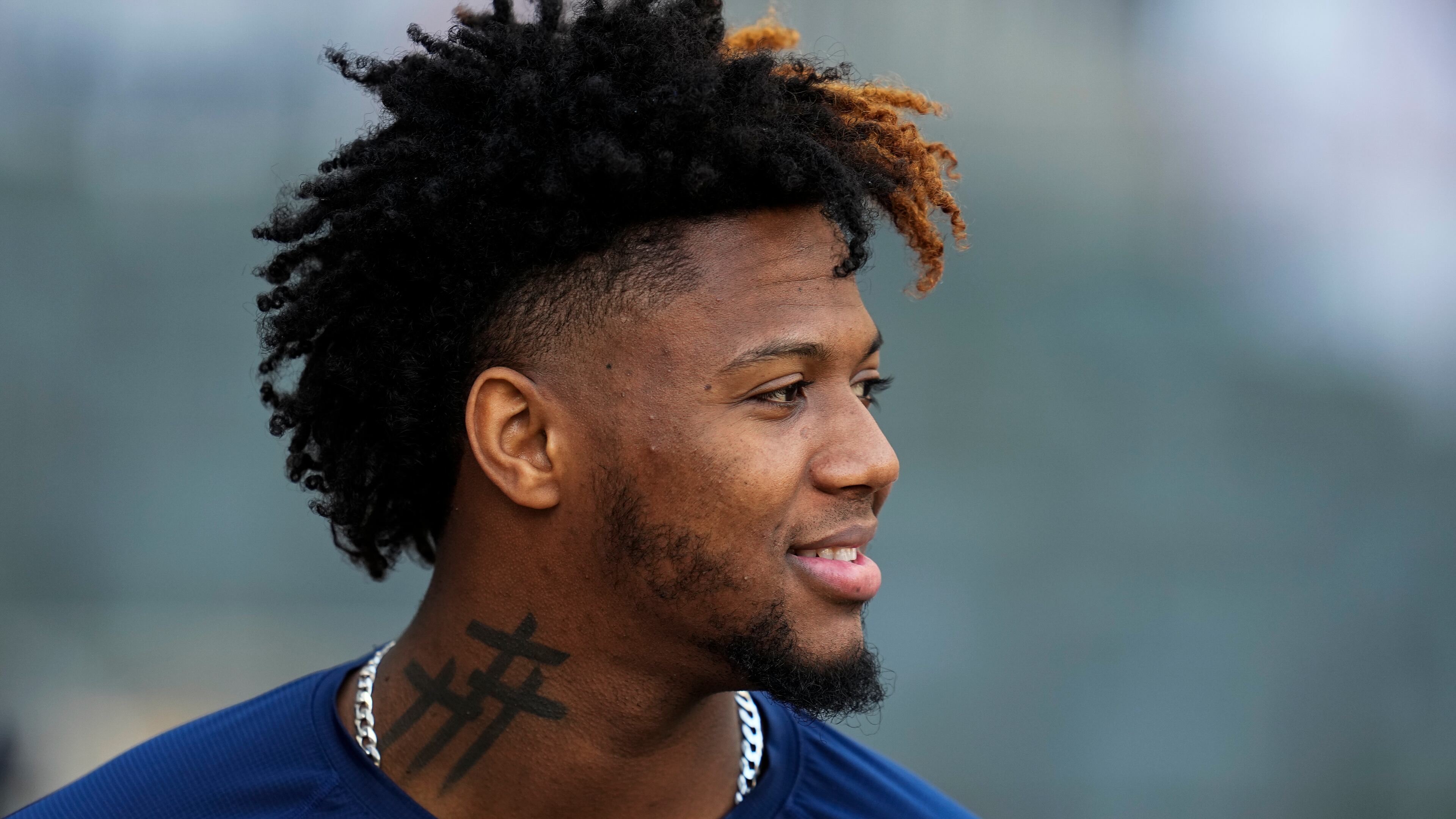 In case you've forgotten what the Braves Ronald Acuna Jr. looks like, here's a reminder, from October as he was taking in batting practice. (AP Photo/Ashley Landis)