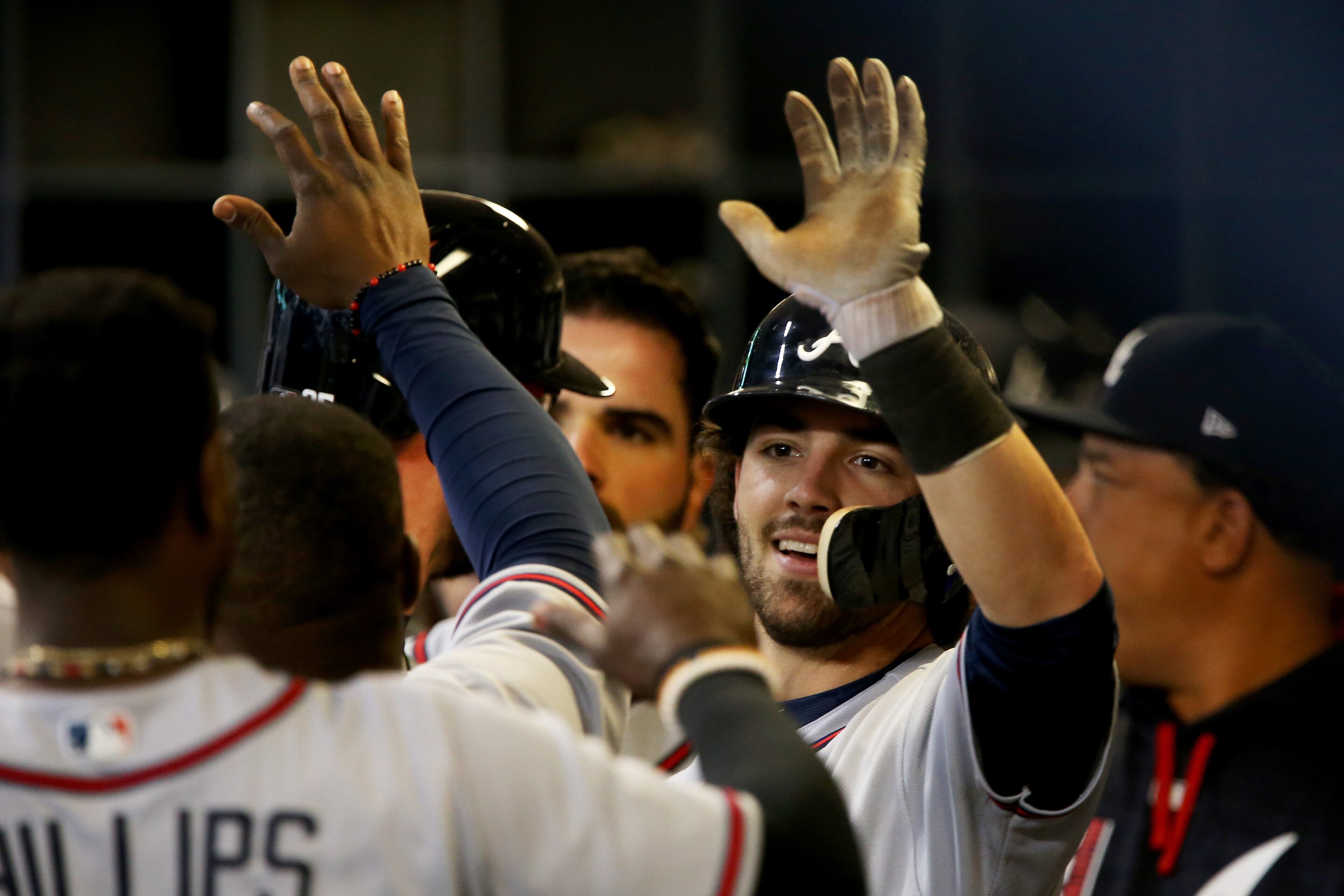MILWAUKEE, WI - APRIL 29: Dansby Swanson #7 of the Atlanta Braves celebrates with teammates after hitting a home run in the seventh inning against the Milwaukee Brewers at Miller Park on April 29, 2017 in Milwaukee, Wisconsin. (Photo by Dylan Buell/Getty Images)