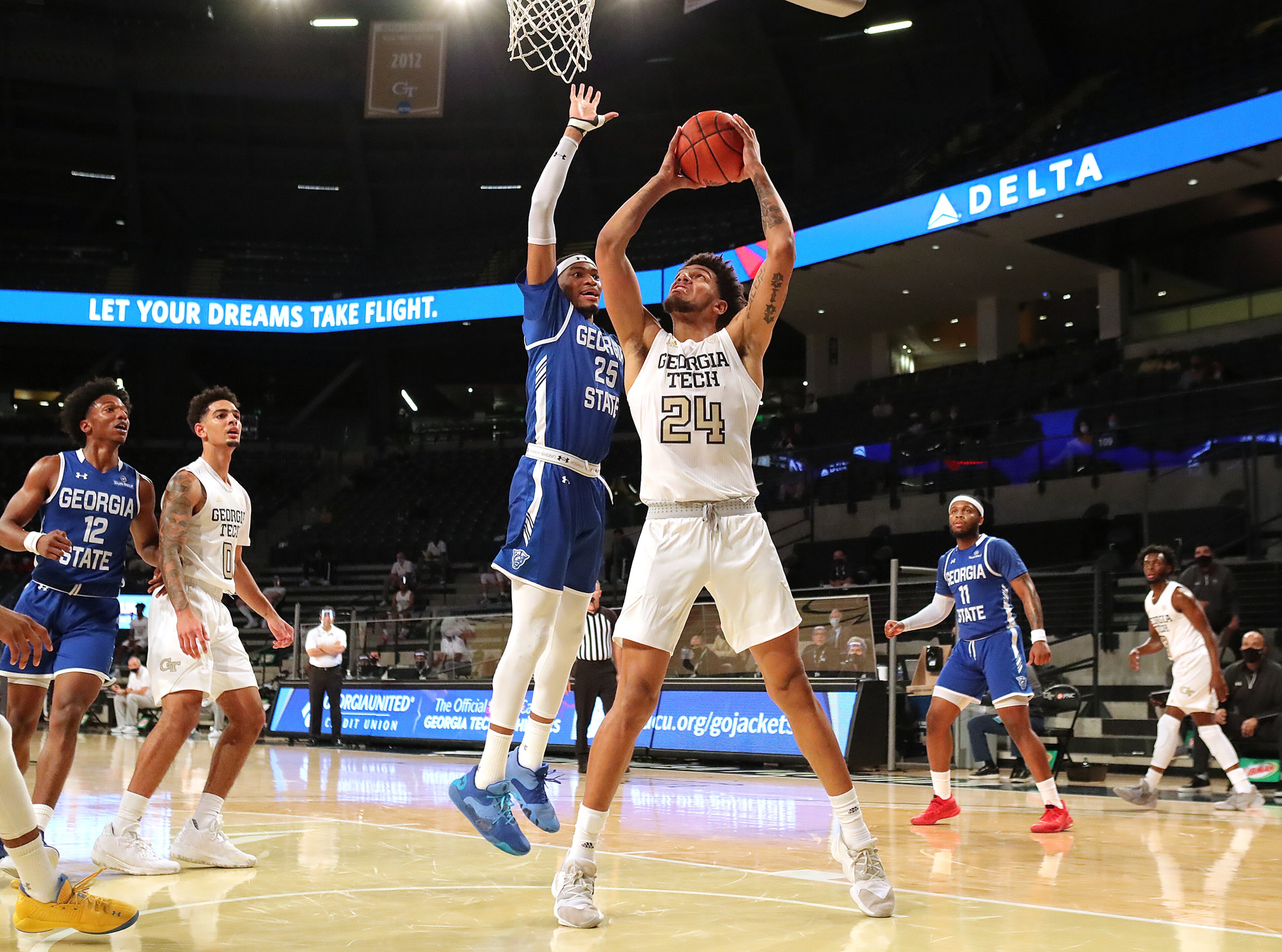Georgia Tech forward Rodney Howard goes to the basket against Georgia State in a NCAA college basketball game in Atlanta on Wednesday, Nov 25, 2020, in Atlanta. “Curtis Compton / Curtis.Compton@ajc.com”