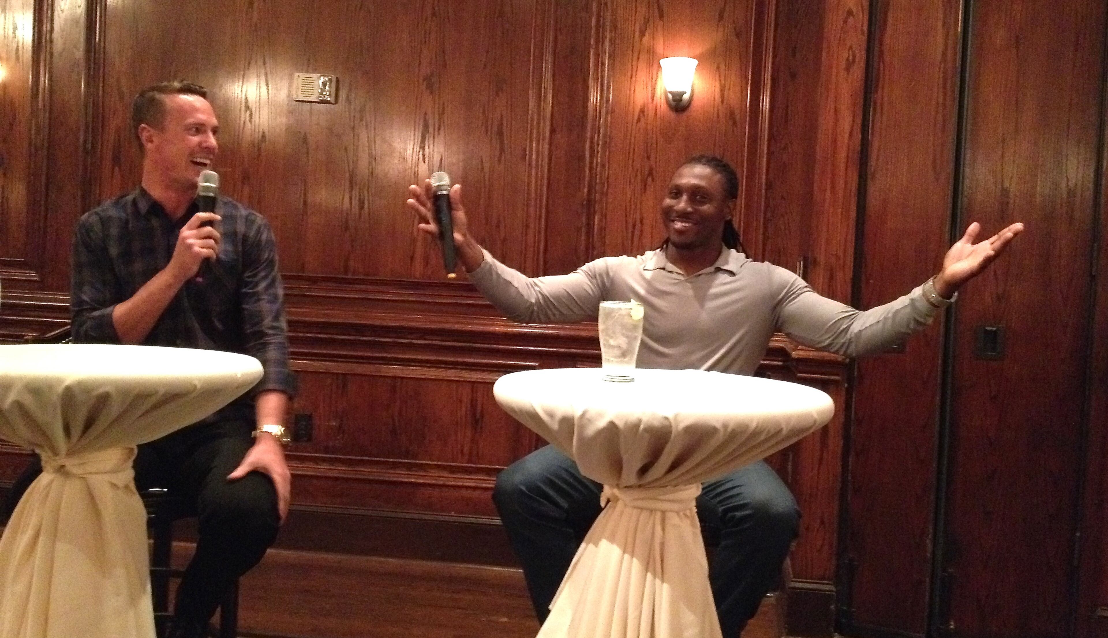 Falcons quarterback Matt Ryan (left) and receiver Roddy White appear at an event together. Jennifer Brett, jbrett@ajc.com