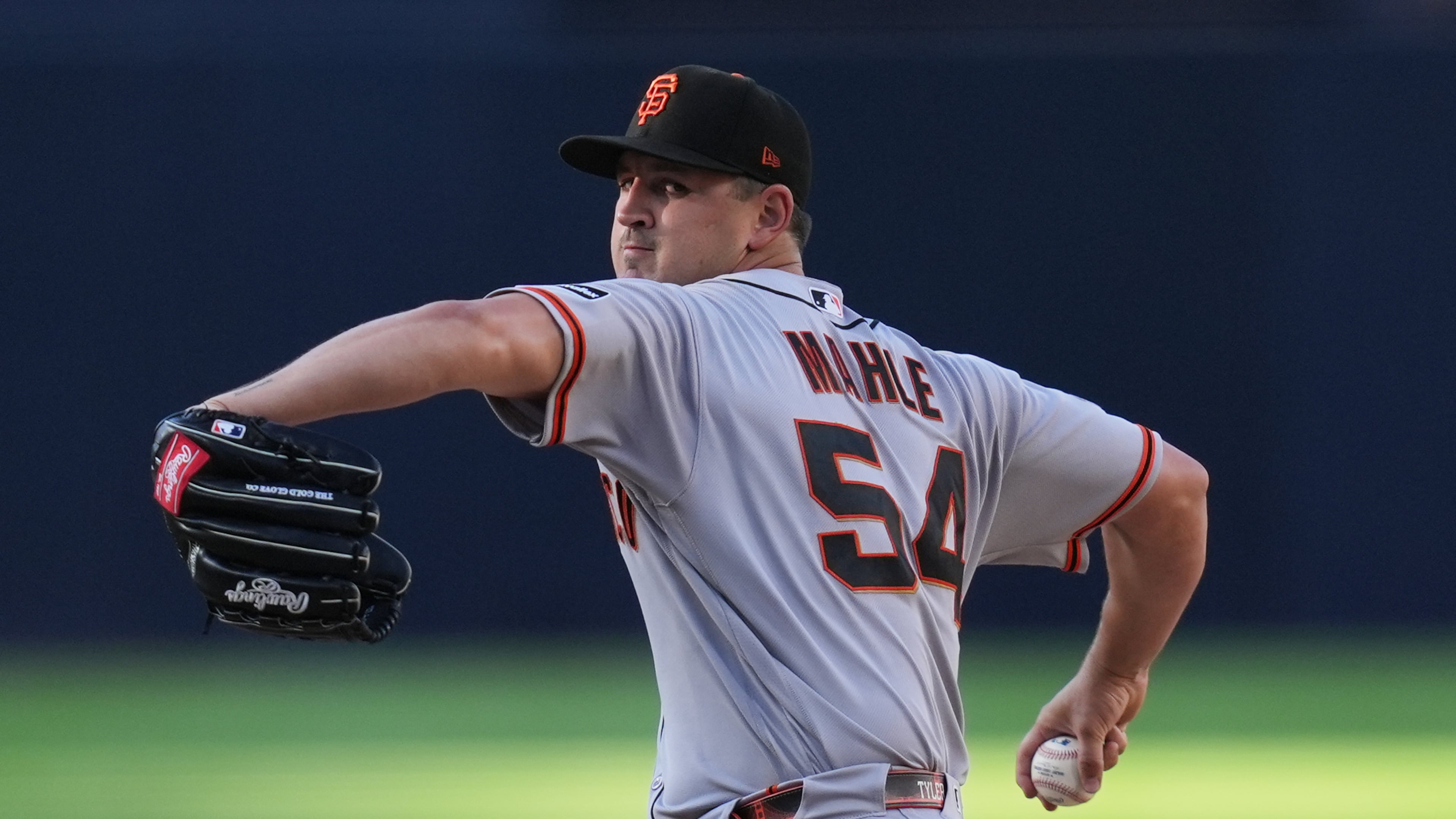 Then-Giants starting pitcher Tyler Mahle works against a San Diego Padres batter on Saturday, Aug. 1, 2026, in San Diego. Mahle spent his first full day with the Braves on Tuesday at Truist Park. (Gregory Bull/AP)