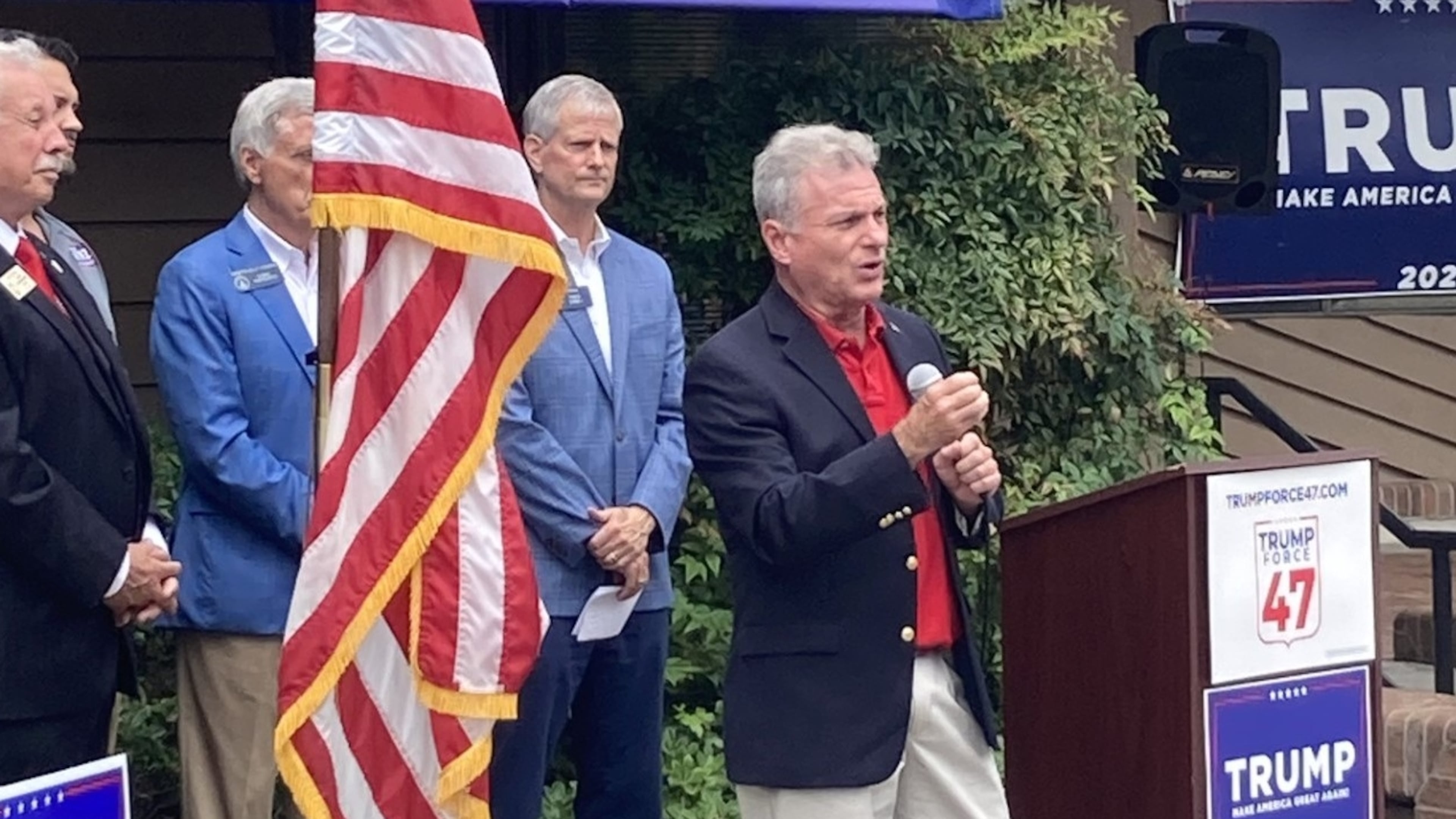U.S. Rep. Buddy Carter, R-St. Simons Island, speaks at the opening of a Donald Trump campaign office in Savannah. (Adam Van Brimmer/AJC 2024)