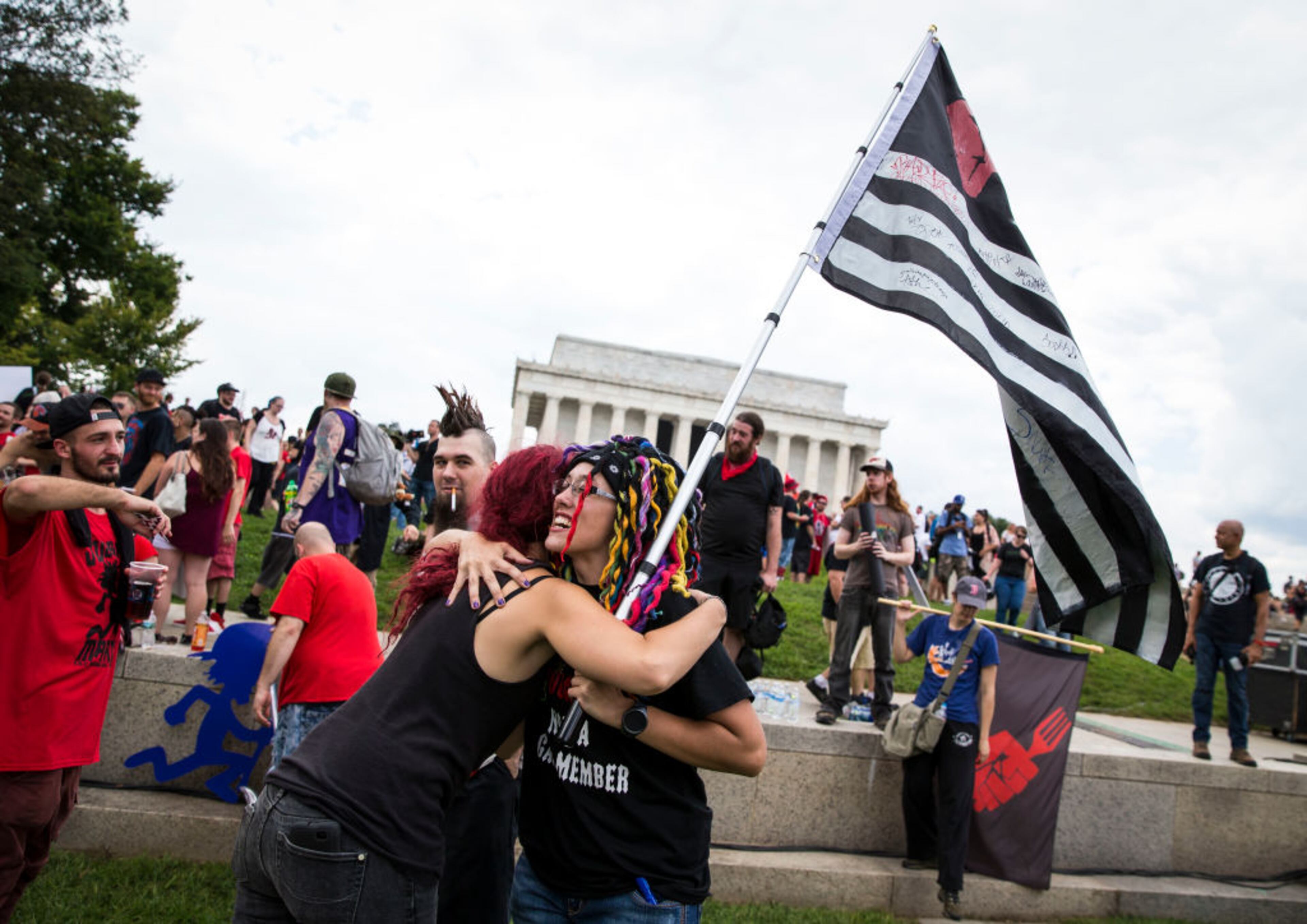 WASHINGTON, DC - SEPTEMBER 16: People gather for a rally before the start of the Juggalo March, at the Lincoln Memorial on the National Mall, September 16, 2017 in Washington, DC. Fans of the band Insane Clown Posse, known as Juggalos, are protesting their identification as a gang by the FBI in a 2011 National Gang Threat Assessment. (Photo by Al Drago/Getty Images)