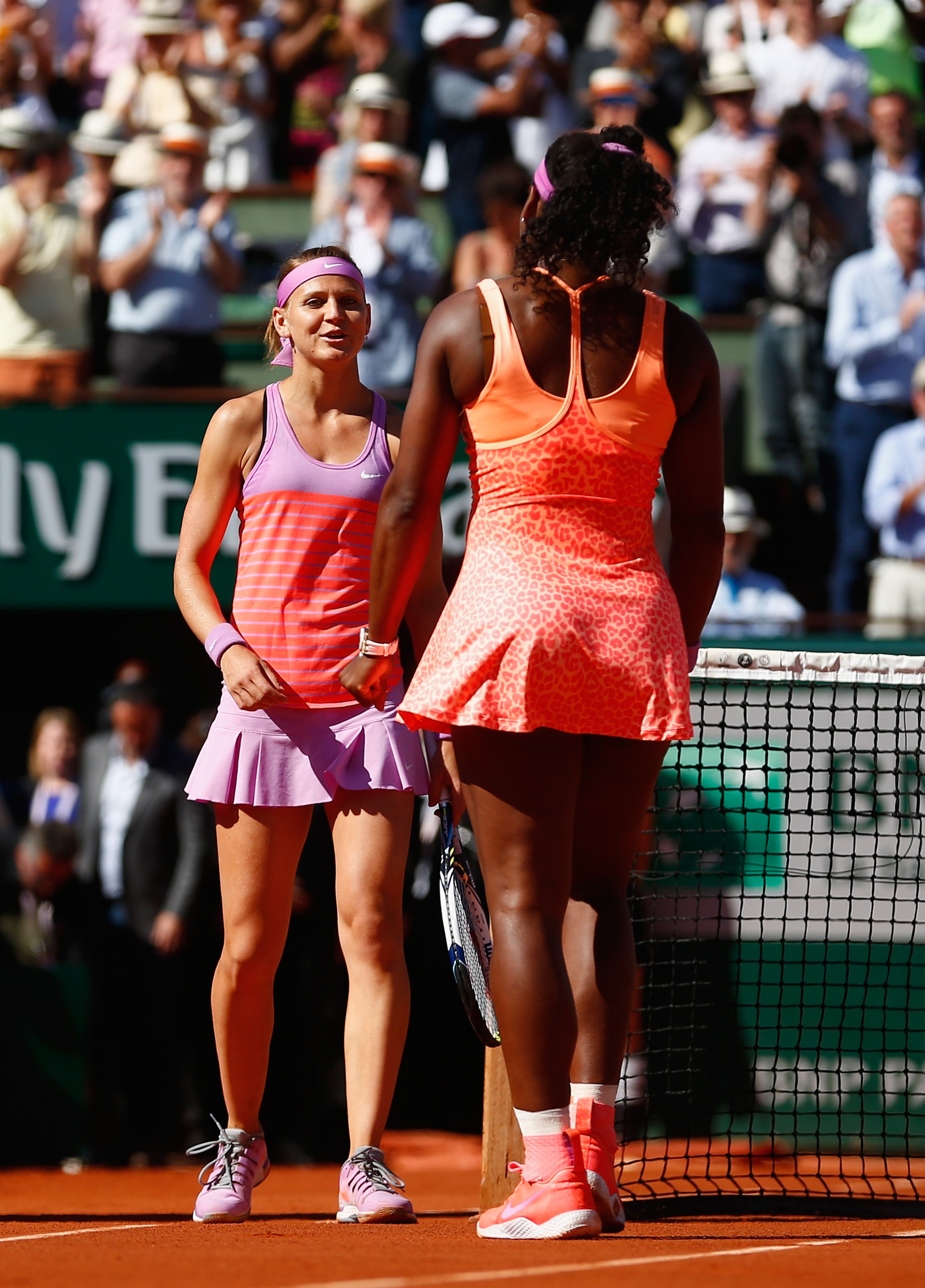 Lucie Safarova of Czech Repbulic congratulates Serena Williams of the United States on winning the Women's Singles Final on day fourteen of the 2015 French Open at Roland Garros on June 6, 2015 in Paris, France. (Photo by Julian Finney/Getty Images)