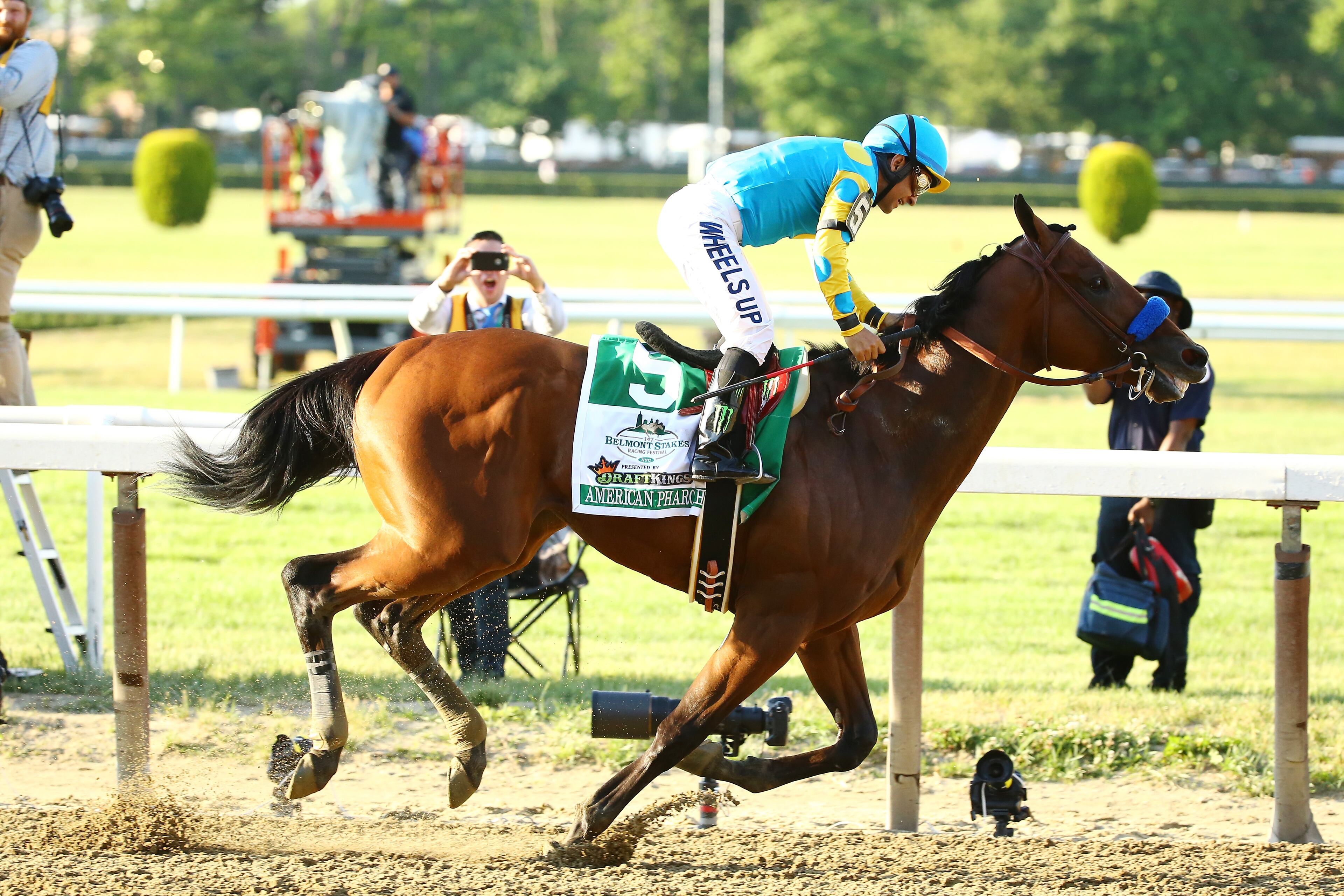 ELMONT, NY - JUNE 06: Victor Espinoza, celebrates atop American Pharoah #5, after winning the 147th running of the Belmont Stakes at Belmont Park on June 6, 2015 in Elmont, New York. With the wins American Pharoah becomes the first horse to win the Triple Crown in 37 years. (Photo by Al Bello/Getty Images)