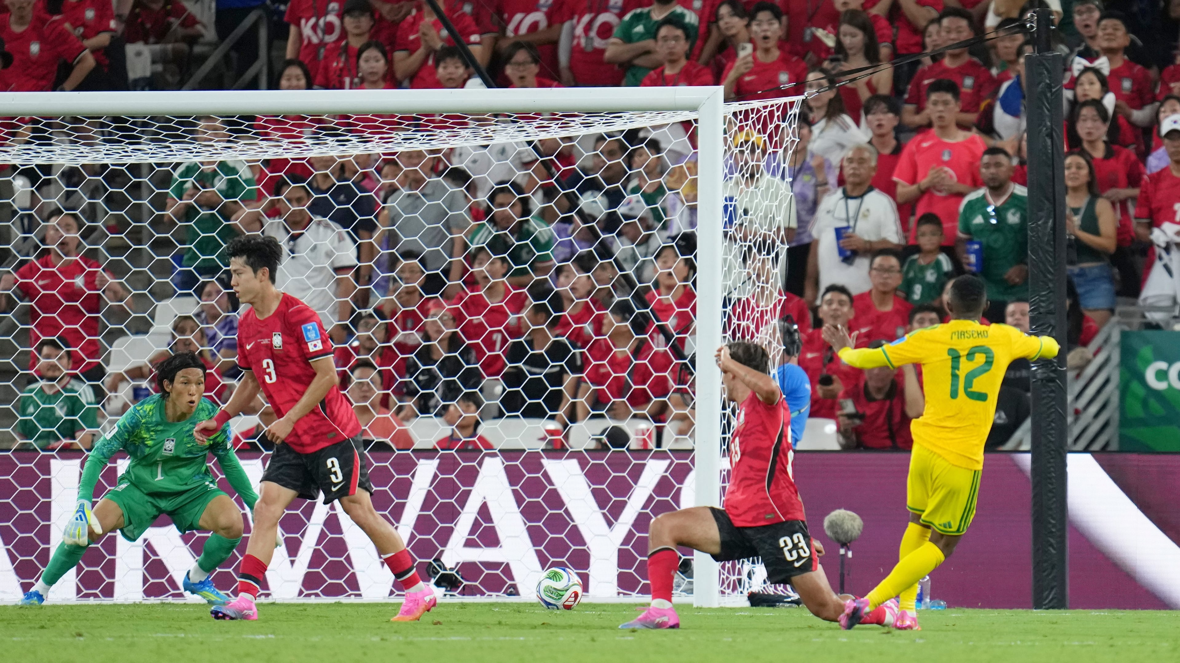 South Africa's Thapelo Maseko (12) scores the opening goal during the World Cup Group A soccer match between South Africa and South Korea in Guadalupe, near Monterrey, Mexico, Wednesday, June 24, 2026. (AP Photo/Matias Delacroix)