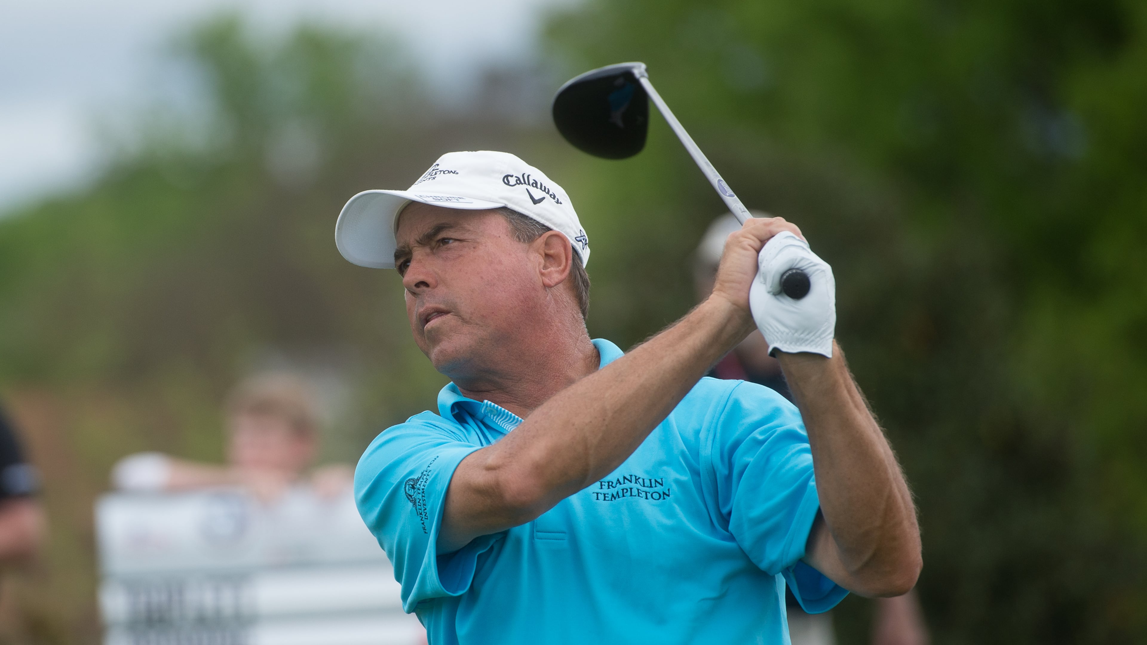 Olin Browne tees off at the first hole at the Greater Gwinnett Championship on Saturday at TPC Sugarloaf in Duluth.