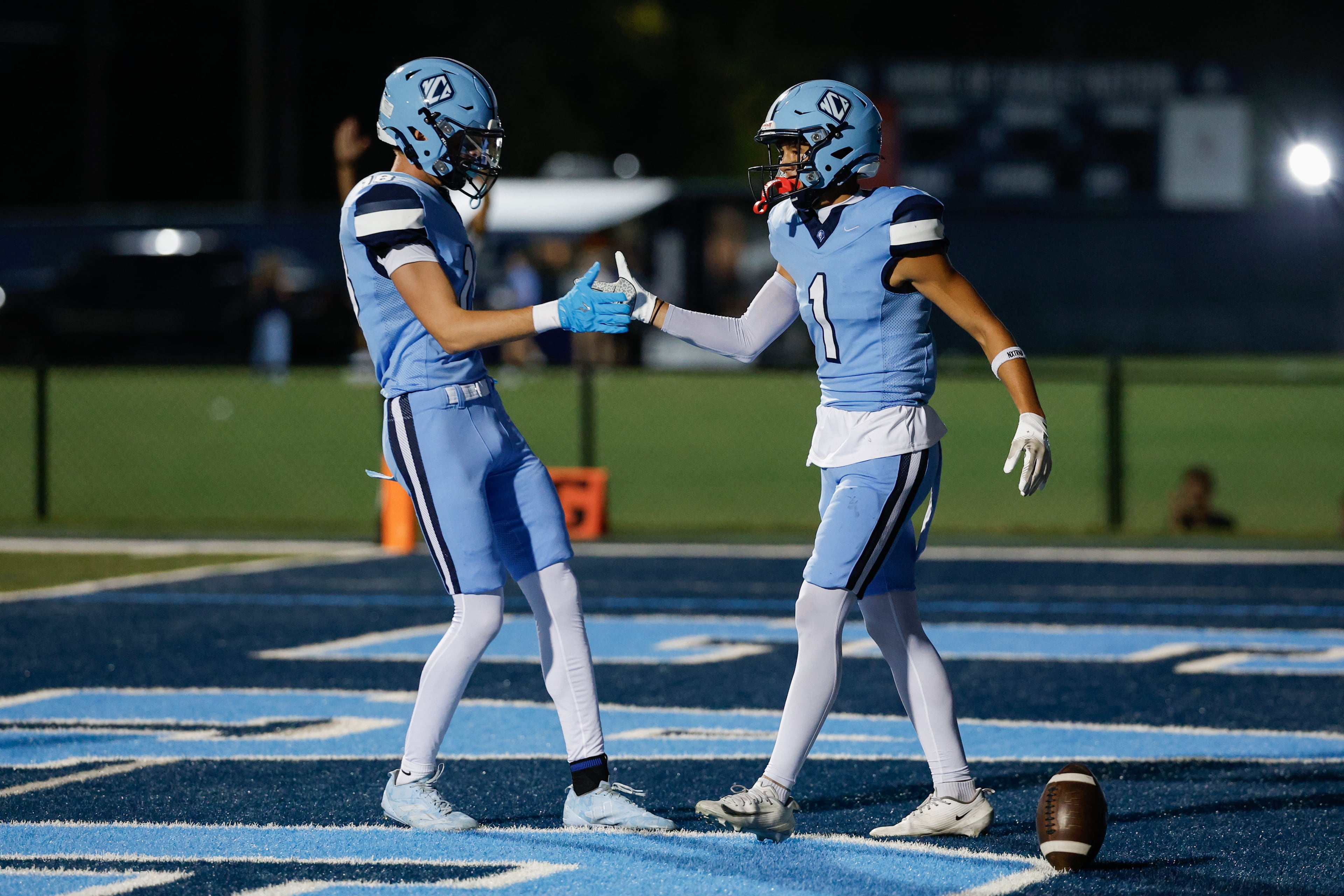 North Cobb Christian’s Oakleen Padgett (right) celebrates his touchdown against KIPP Atlanta with Toby Martin on Friday, Oct. 2, 2026, in Kennesaw. (Erik S. Lesser for the AJC)