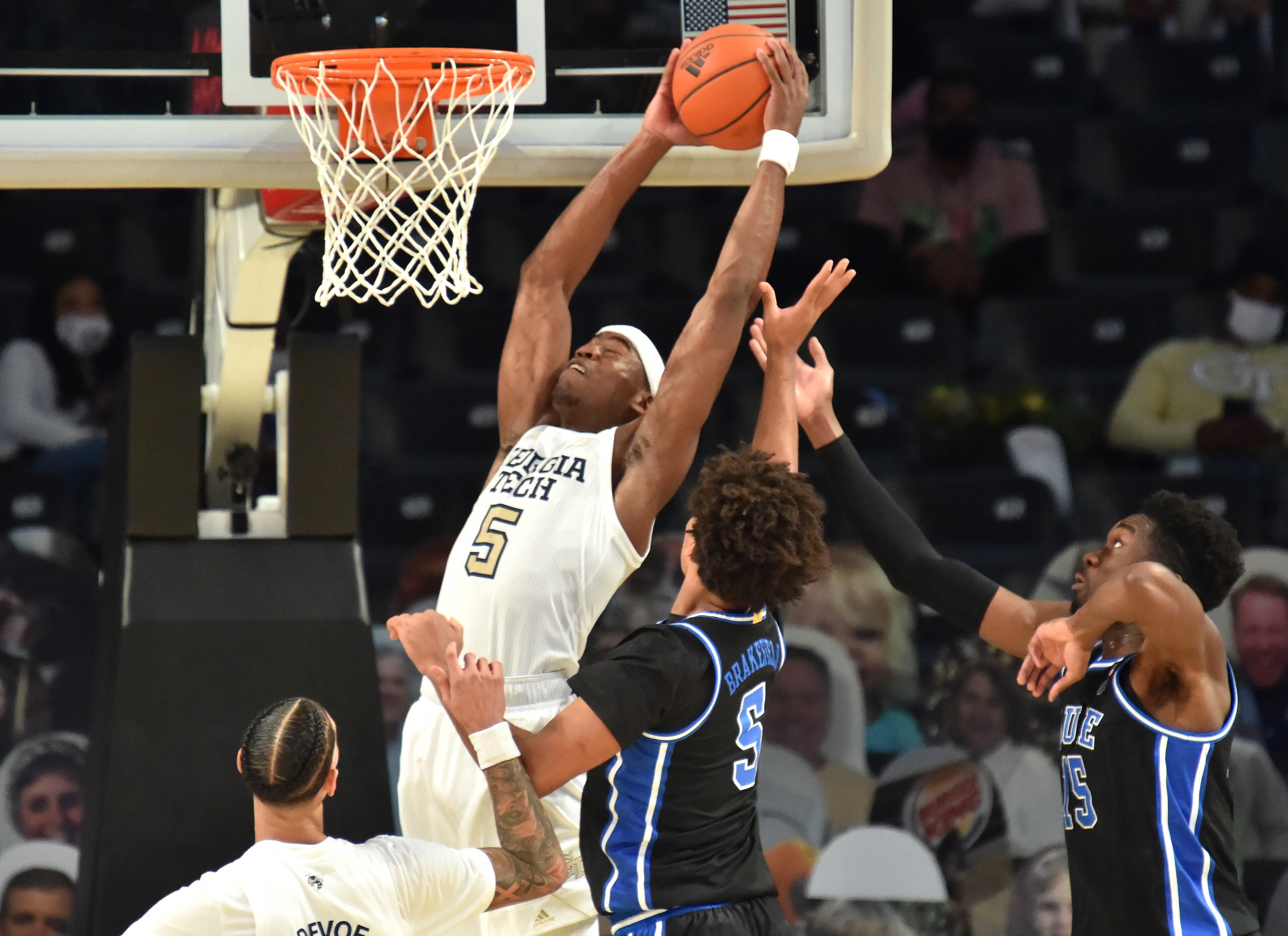 Georgia Tech's forward Moses Wright (5) grabs a rebound in the first half of a NCAA college basketball game at Georgia Tech's McCamish Pavilion in Atlanta on Tuesday, March 2, 2021. (Hyosub Shin / Hyosub.Shin@ajc.com)